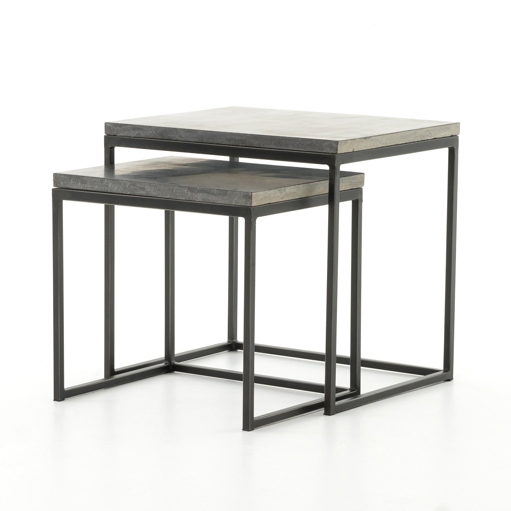 Featuring Harlow Nesting Tables - Set of 2 by Four Hands at Amethyst Home. Spare beauty, casual elegance. A gunmetal-finished Parsons base with hand-rubbed, dimensional edges supports two rough-hewn bluestone slabs that feel found and perfectly placed.
Dimensions: Large 20"W x 16"L x 19"H  ; Small 17"W x 13.5"L x 16"HColors: Gunmetal, BluestoneMaterials:.  Amethyst Home provides interior design, new home construction design consulting, vintage area rugs, and lighting in the Scottsdale metro area.