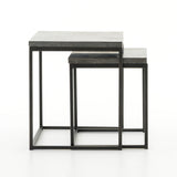 Featuring Harlow Nesting Tables - Set of 2 by Four Hands at Amethyst Home. Spare beauty, casual elegance. A gunmetal-finished Parsons base with hand-rubbed, dimensional edges supports two rough-hewn bluestone slabs that feel found and perfectly placed.
Dimensions: Large 20"W x 16"L x 19"H  ; Small 17"W x 13.5"L x 16"HColors: Gunmetal, BluestoneMaterials: .  Amethyst Home provides interior design, new home construction design consulting, vintage area rugs, and lighting in the Charlotte metro area.