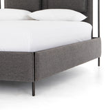 Featuring Leigh Upholstered Bed - San Remo Ash by Four Hands at Amethyst Home. The black straps on this Leigh San Remo Ash Upholstered Bed give any bedroom a stylish, modern look. 
Queen Size: 65"W x 84.5"L x 60.25"HKing Size: 80.75"W x 84.5"L x 60.25"H
Colors: San Remo Ash, Distressed Black, Waxed Black (pc)Materials: 100% Polyester, 85% Pl, 15% Pu, Iron.  Amethyst Home provides interior design, new home construction design consulting, vintage area rugs, and lighting in the San Diego metro area.