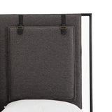 Featuring Leigh Upholstered Bed - San Remo Ash by Four Hands at Amethyst Home. The black straps on this Leigh San Remo Ash Upholstered Bed give any bedroom a stylish, modern look. 
Queen Size: 65"W x 84.5"L x 60.25"HKing Size: 80.75"W x 84.5"L x 60.25"H
Colors: San Remo Ash, Distressed Black, Waxed Black (pc)Materials: 100% Polyester, 85% Pl, 15% Pu, Iron.  Amethyst Home provides interior design, new home construction design consulting, vintage area rugs, and lighting in the Dallas metro area.