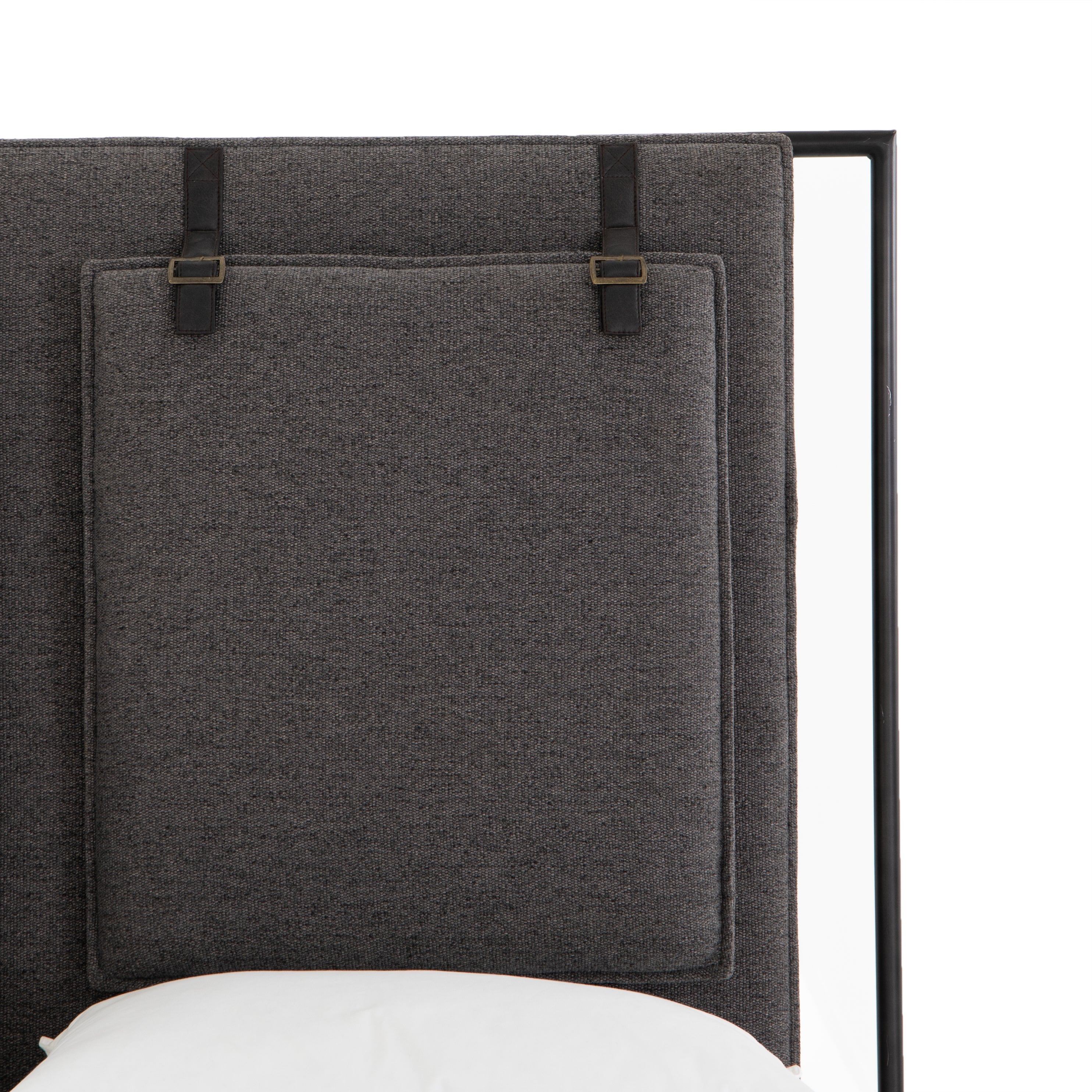 Featuring Leigh Upholstered Bed - San Remo Ash by Four Hands at Amethyst Home. The black straps on this Leigh San Remo Ash Upholstered Bed give any bedroom a stylish, modern look. 
Queen Size: 65"W x 84.5"L x 60.25"HKing Size: 80.75"W x 84.5"L x 60.25"H
Colors: San Remo Ash, Distressed Black, Waxed Black (pc)Materials: 100% Polyester, 85% Pl, 15% Pu, Iron.  Amethyst Home provides interior design, new home construction design consulting, vintage area rugs, and lighting in the Dallas metro area.