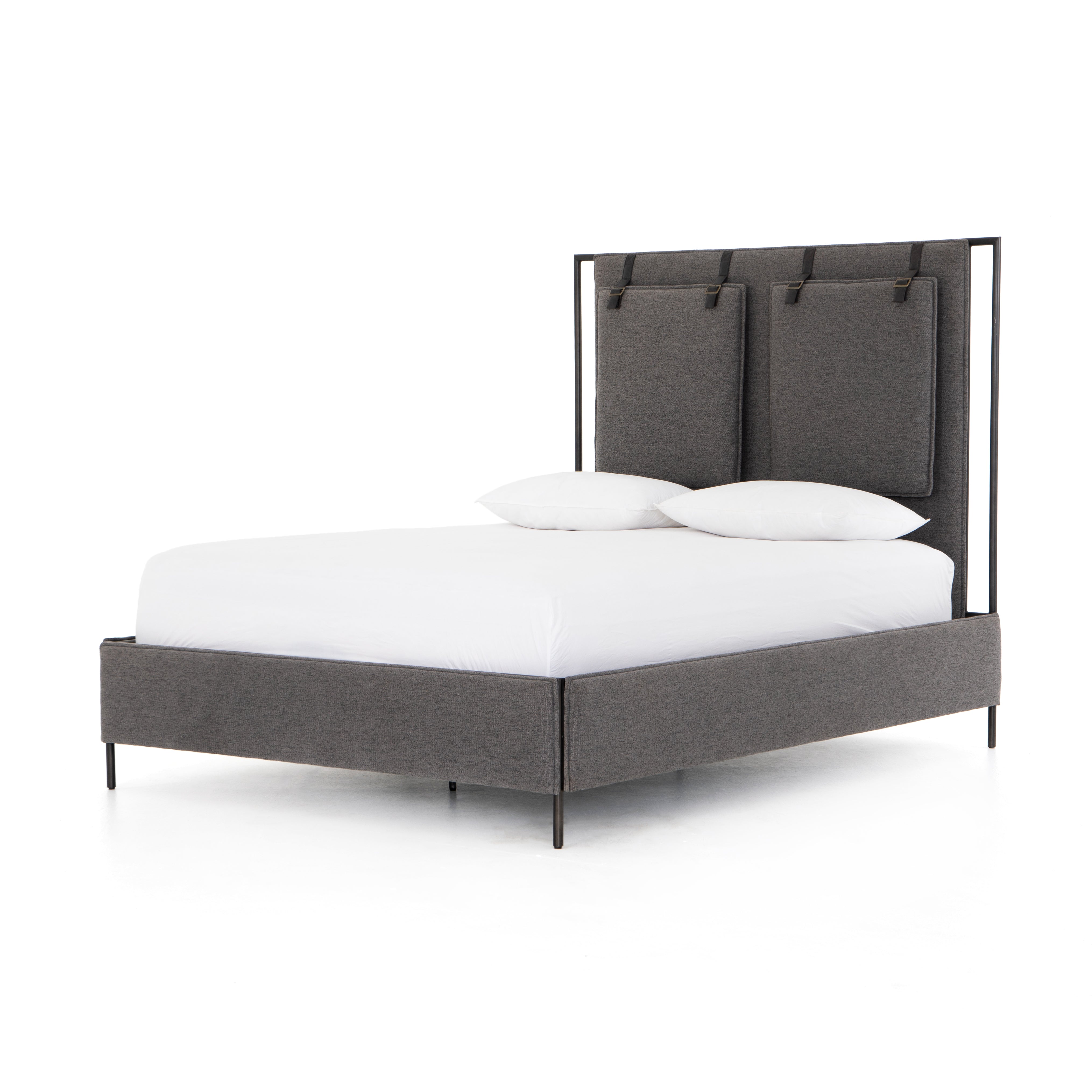 Featuring Leigh Upholstered Bed - San Remo Ash by Four Hands at Amethyst Home. The black straps on this Leigh San Remo Ash Upholstered Bed give any bedroom a stylish, modern look. 
Queen Size: 65"W x 84.5"L x 60.25"HKing Size: 80.75"W x 84.5"L x 60.25"H
Colors: San Remo Ash, Distressed Black, Waxed Black (pc)Materials: 100% Polyester, 85% Pl, 15% Pu, Iro.  Amethyst Home provides interior design, new home construction design consulting, vintage area rugs, and lighting in the Los Angeles metro area.