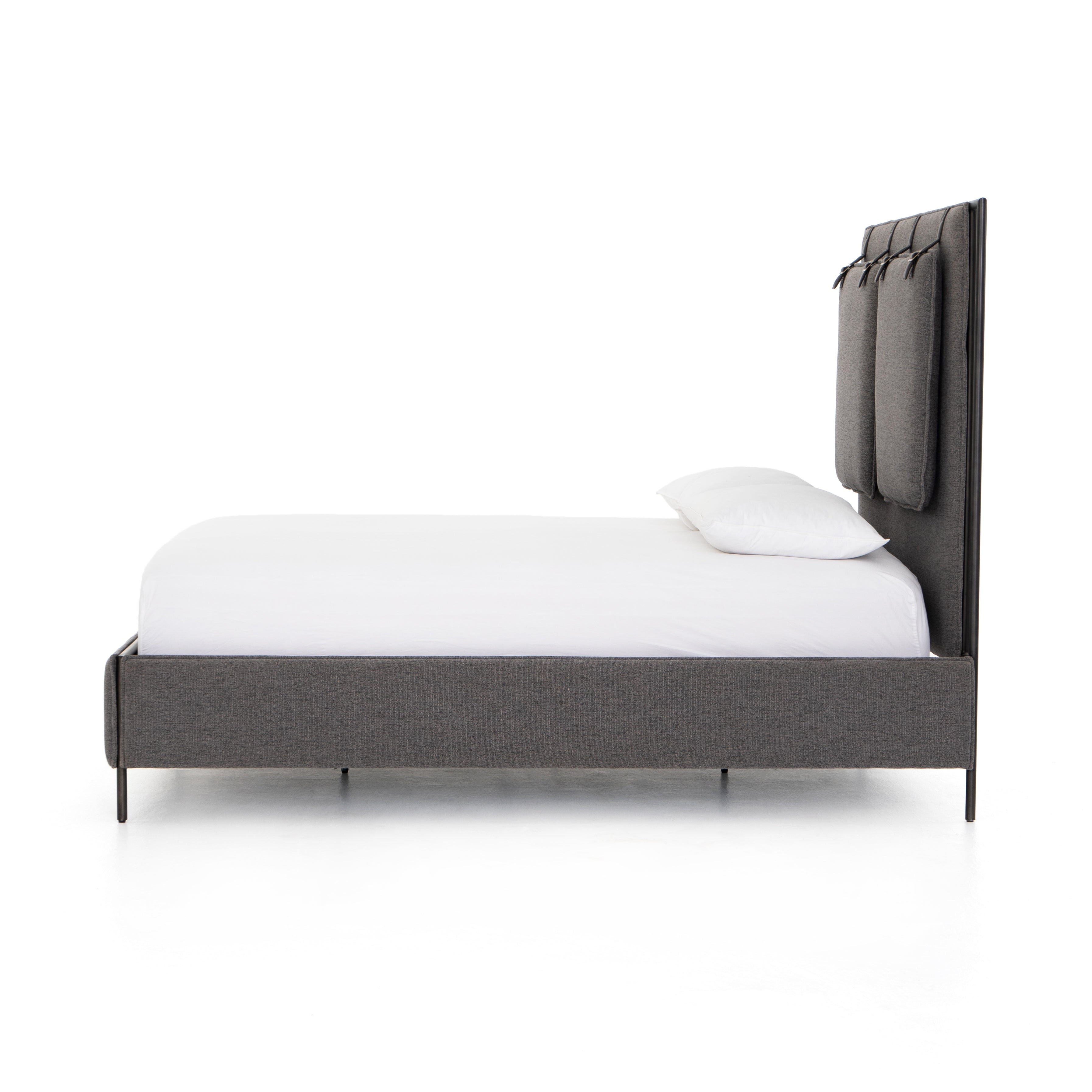 Featuring Leigh Upholstered Bed - San Remo Ash by Four Hands at Amethyst Home. The black straps on this Leigh San Remo Ash Upholstered Bed give any bedroom a stylish, modern look. 
Queen Size: 65"W x 84.5"L x 60.25"HKing Size: 80.75"W x 84.5"L x 60.25"H
Colors: San Remo Ash, Distressed Black, Waxed Black (pc)Materials: 100% Polyester, 85% Pl, 15% Pu, I.  Amethyst Home provides interior design, new home construction design consulting, vintage area rugs, and lighting in the Newport Beach metro area.