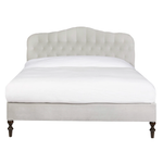 Featuring O'Hara Upholstered Bed by Cisco Brothers at Amethyst Home. Heavy on the elegance with an east-coast vibe! This camelback, button-tufted bed in a light textural grey also features turned legs and upholstered side rails for added interest. 
Queen Dimensions: 67"w x 60"h x 89"dSide Rails: 18"Slat Height: 11.25"Footboard: 18"Mattress Space: 62"w x 81"dB.  Amethyst Home provides interior design, new home construction design consulting, vintage area rugs, and lighting in the Dallas metro area.