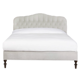 Featuring O'Hara Upholstered Bed by Cisco Brothers at Amethyst Home. Heavy on the elegance with an east-coast vibe! This camelback, button-tufted bed in a light textural grey also features turned legs and upholstered side rails for added interest. 
Queen Dimensions: 67"w x 60"h x 89"dSide Rails: 18"Slat Height: 11.25"Footboard: 18"Mattress Space: 62"w x 81"dB.  Amethyst Home provides interior design, new home construction design consulting, vintage area rugs, and lighting in the Dallas metro area.