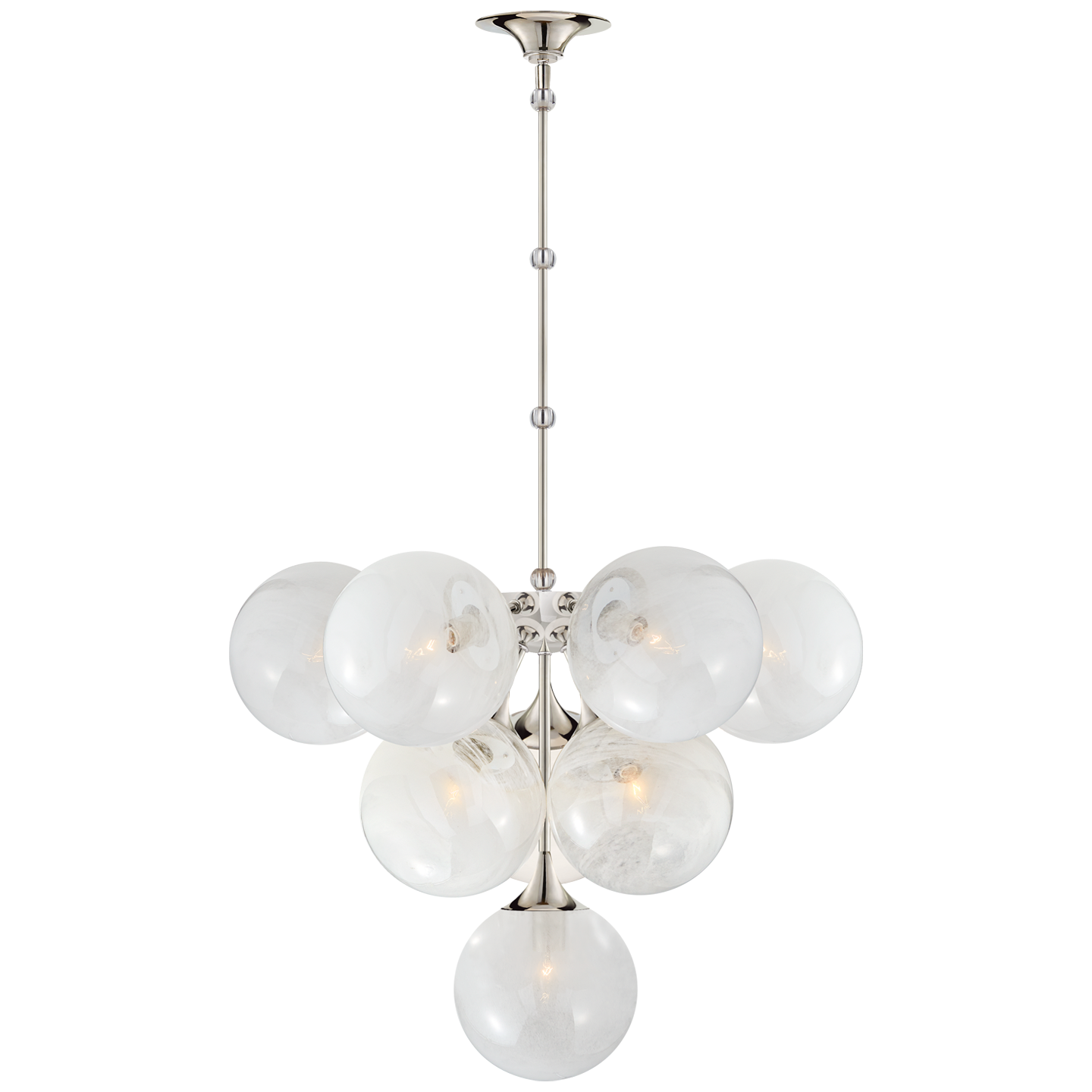 Featuring Cristol Medium Chandelier by Visual Comfort at Amethyst Home. We love the white strie glass globes on this Cristol Medium Chandelier by Visual Comfort. It brings a stunning and unique look to any living room, dining room, or kitchen. 
Overall Dimensions: 28" L x 28" W x 46.25" H
Weight: 42 lbs..  Amethyst Home provides interior design, new home construction design consulting, vintage area rugs, and lighting in the San Diego metro area.