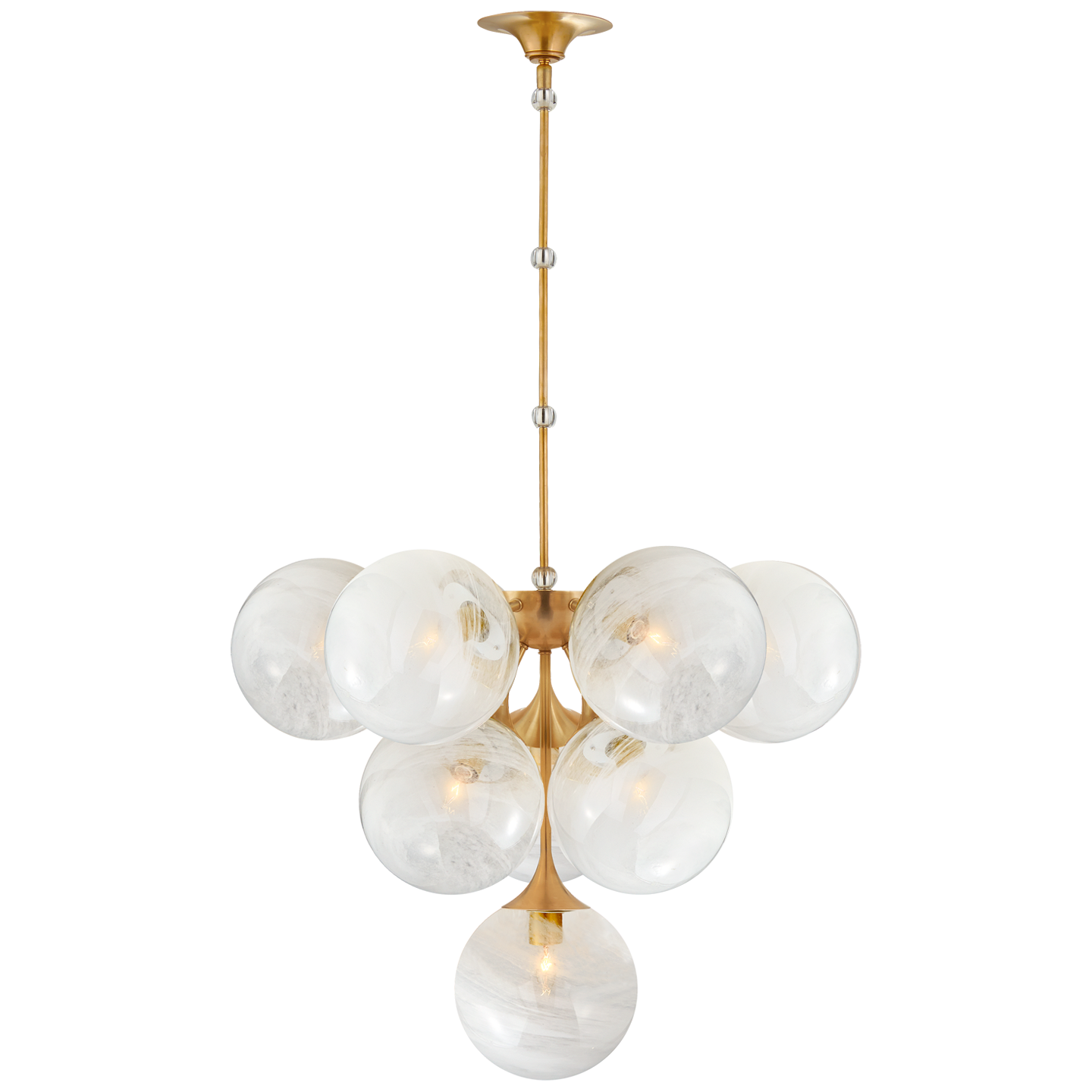 Featuring Cristol Medium Chandelier by Visual Comfort at Amethyst Home. We love the white strie glass globes on this Cristol Medium Chandelier by Visual Comfort. It brings a stunning and unique look to any living room, dining room, or kitchen. 
Overall Dimensions: 28" L x 28" W x 46.25" H
Weight: 42 lbs..  Amethyst Home provides interior design, new home construction design consulting, vintage area rugs, and lighting in the Salt Lake City metro area.