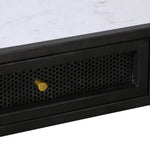 Featuring Alaina Desk by Dovetail at Amethyst Home. A modern desk with a graceful silhouette and stunning contrasting materials. 
48"w x 20"d x 30"hMaterial : Marble Top, Iron Frame and Iron Mesh Drawer Fronts. Amethyst Home provides interior design, new home construction design consulting, vintage area rugs, and lighting in the Houston metro area.