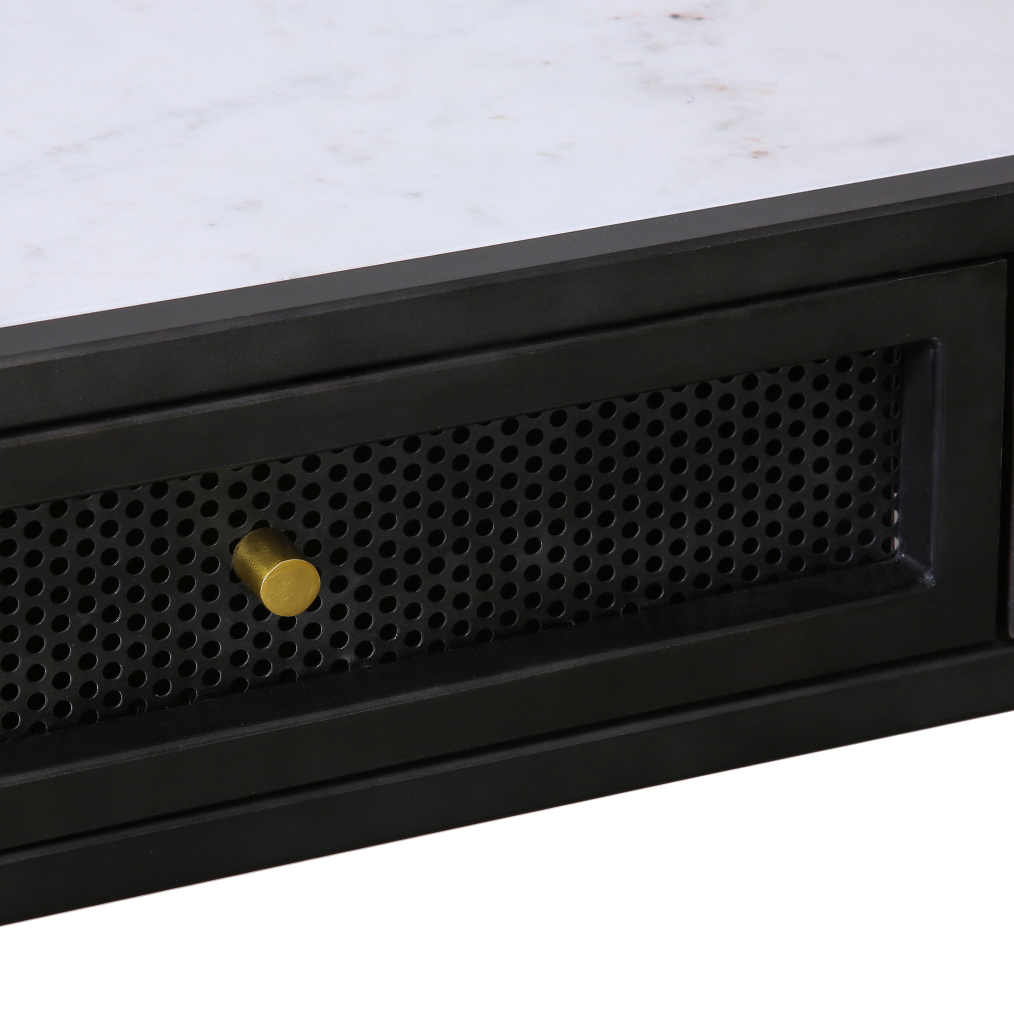 Featuring Alaina Desk by Dovetail at Amethyst Home. A modern desk with a graceful silhouette and stunning contrasting materials. 
48"w x 20"d x 30"hMaterial : Marble Top, Iron Frame and Iron Mesh Drawer Fronts. Amethyst Home provides interior design, new home construction design consulting, vintage area rugs, and lighting in the Houston metro area.