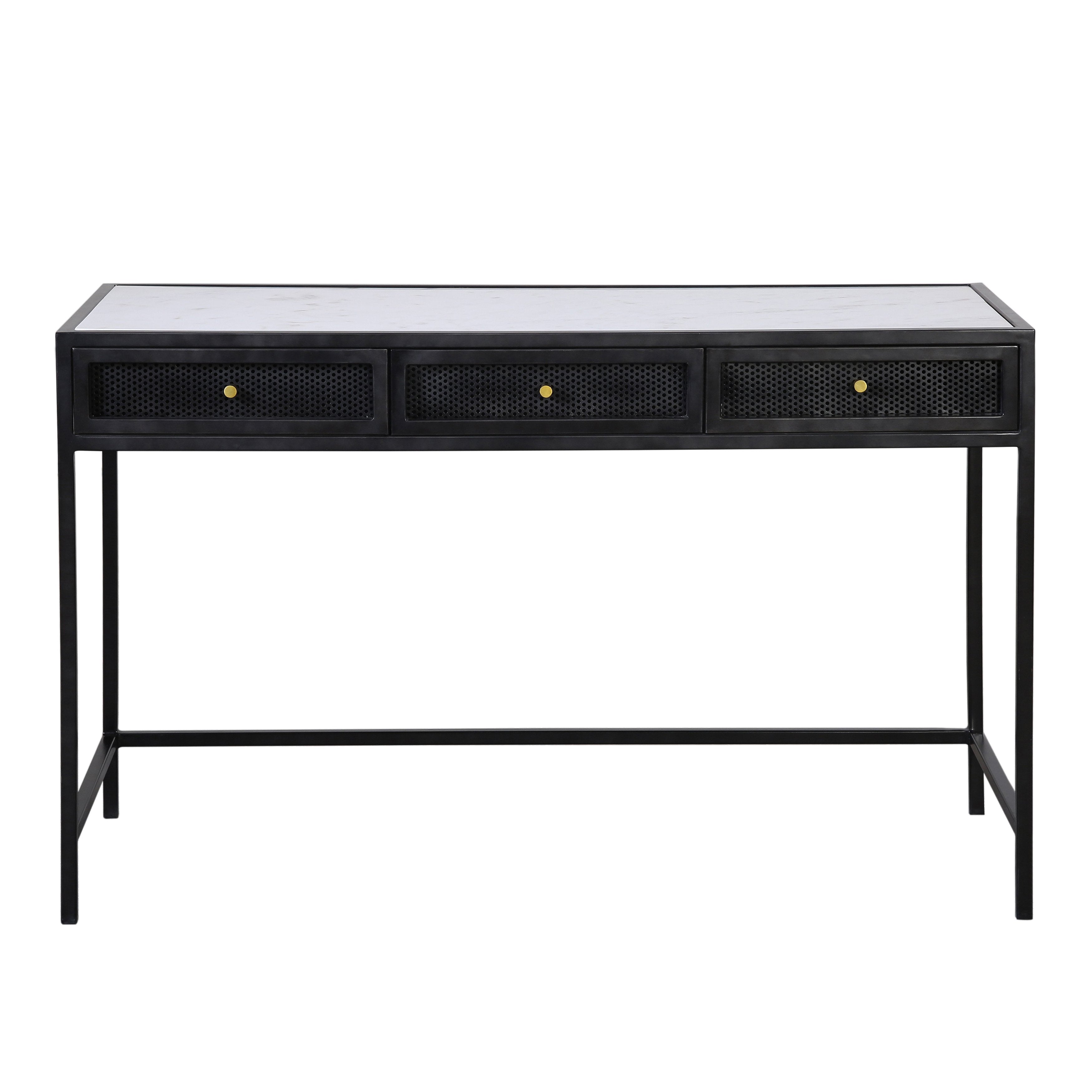 Featuring Alaina Desk by Dovetail at Amethyst Home. A modern desk with a graceful silhouette and stunning contrasting materials. 
48"w x 20"d x 30"hMaterial : Marble Top, Iron Frame and Iron Mesh Drawer Fronts. Amethyst Home provides interior design, new home construction design consulting, vintage area rugs, and lighting in the Seattle metro area.