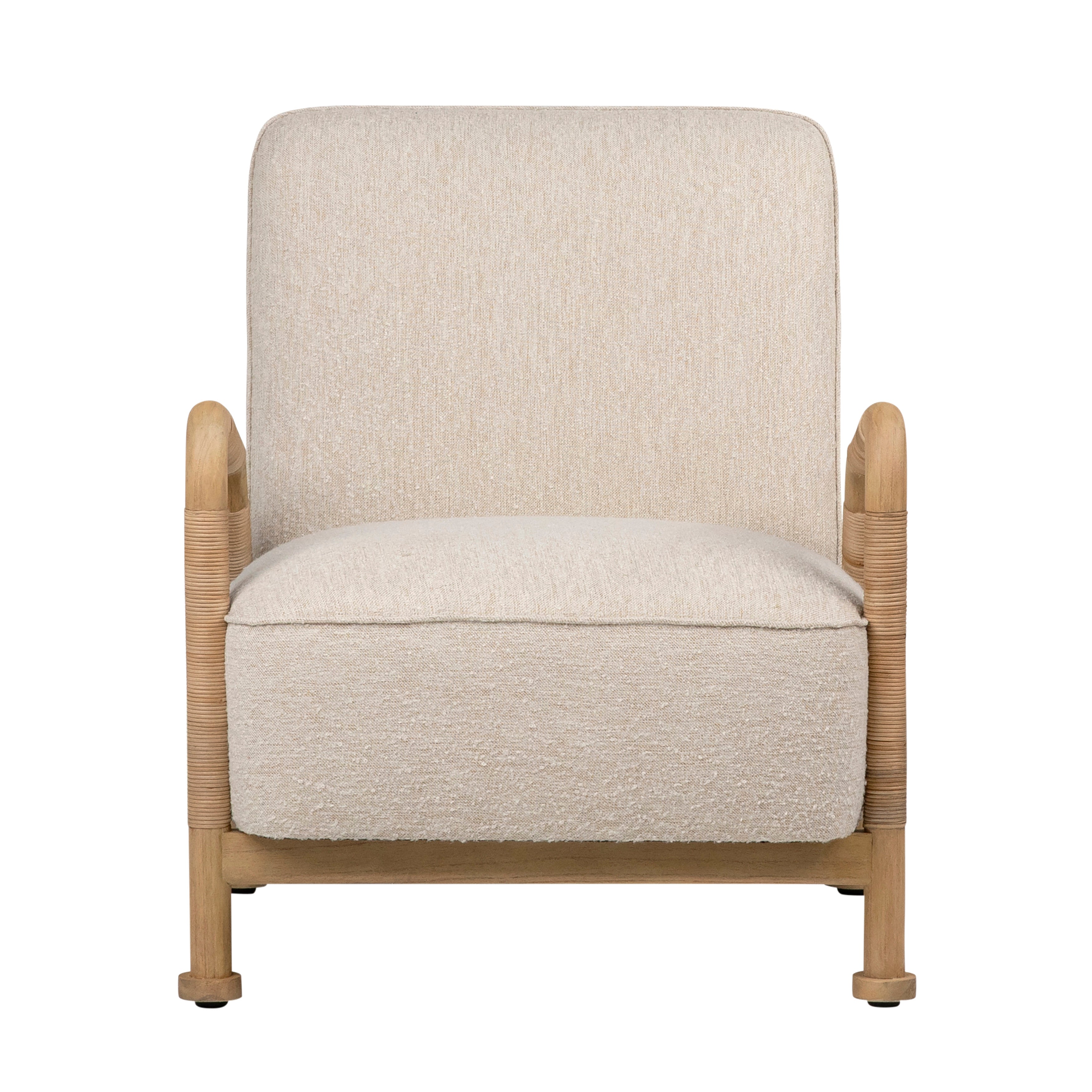 Featuring Clyde Occasional Chair by Dovetail at Amethyst Home. A slingback accent chair with natural finishes.
27.5" w x 34.5"d x 32"hMaterial : Boucle Upholstery, Mindi Wood and RattanWeight : 35.5 lbs. Amethyst Home provides interior design, new home construction design consulting, vintage area rugs, and lighting in the Austin metro area.