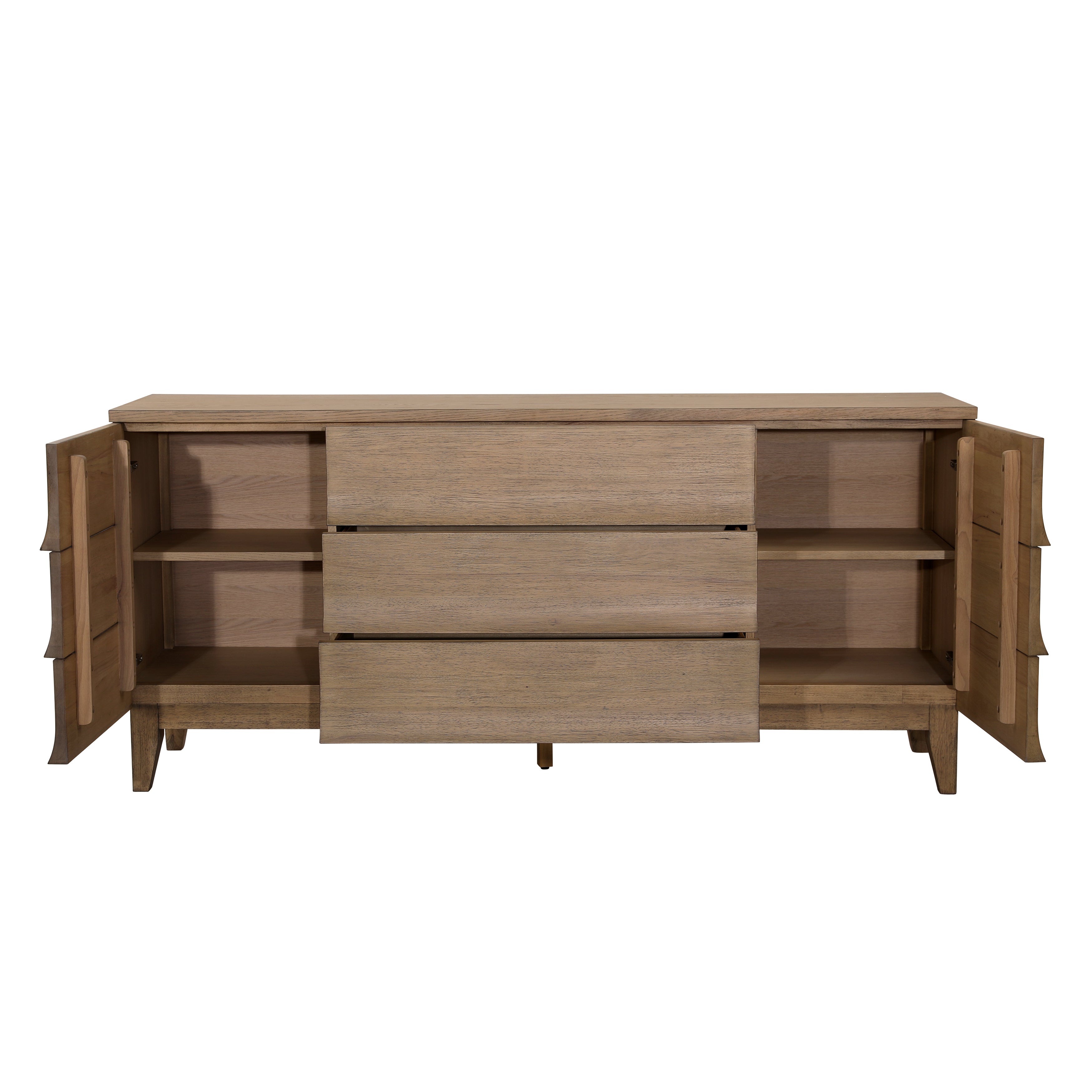 Featuring Margaux Sideboard by Dovetail at Amethyst Home. Introducing the Margaux Sideboard - the epitome of elegant storage. Its warm wooden curves add a touch of sophistication to any space, while the ample storage is perfect for keeping all your belongings organized. 
71"w x 17"d x 33"hMaterial : Rubber Wood and Oak Veneer. Amethyst Home provides interior design, new home construction design consulting, vintage area rugs, and lighting in the Washington metro area.