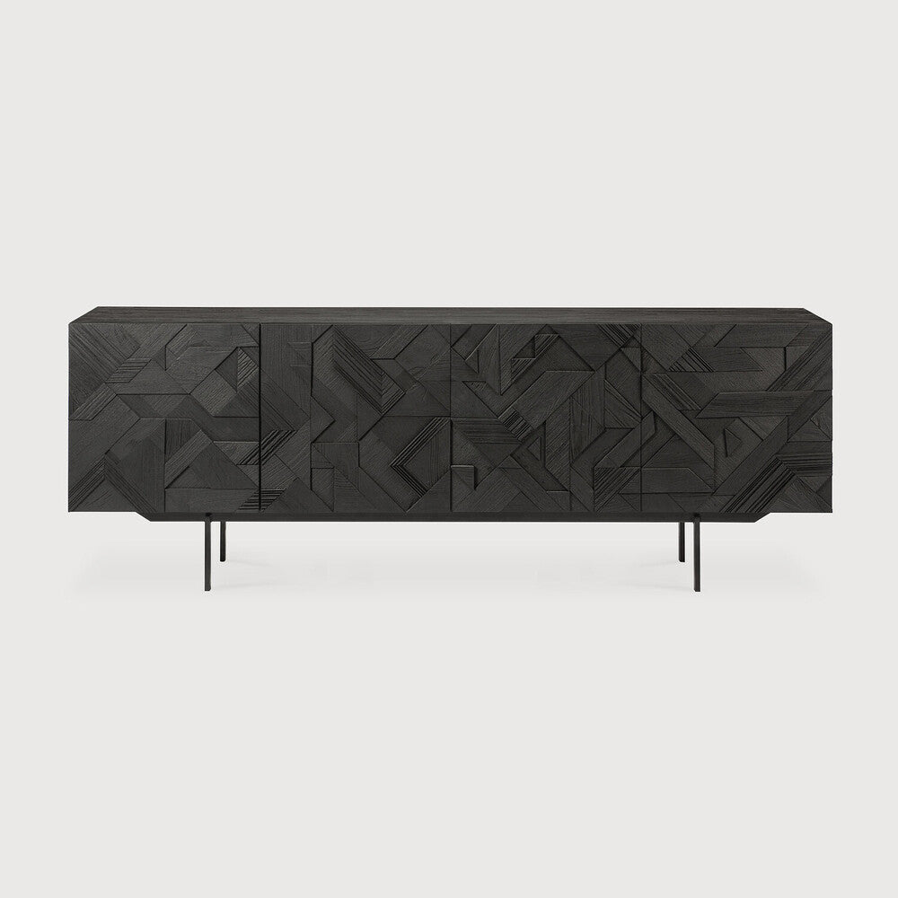 Featuring Graphic Sideboard Teak Black by Ethnicraft at Amethyst Home. In his quest to add movement to the surface, designer Alain van Havre started layering and combining triangular shapes. Before he knew it he had created a visually enticing composition out of teak and the Graphic design was born. By using multiple layers, a sense of depth and dynamism is cr. Amethyst Home provides interior design, new home construction design consulting, vintage area rugs, and lighting in the Dallas metro area.