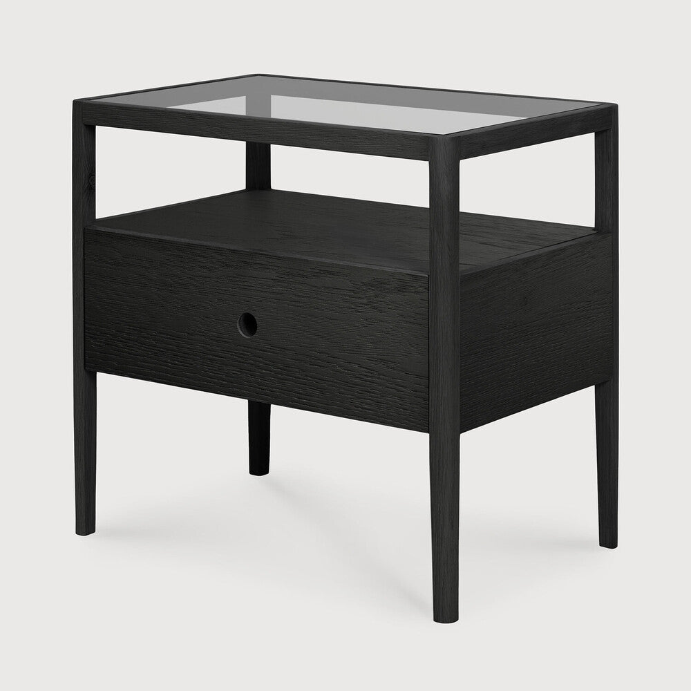 Featuring Spindle Bedside Table Oak Black by Ethnicraft at Amethyst Home. With its one drawer, open space and slightly tapered legs, the Spindle bedside table is the perfect no-nonsense companion for the striking Spindle bed.
Dimensions: 14"d x 22"w x 20.5"h
Anti-tipping mechanism : YesFinish : VarnishedFloor Protector : YesMain Material : OakMax weight : 6. Amethyst Home provides interior design, new home construction design consulting, vintage area rugs, and lighting in the San Diego metro area.