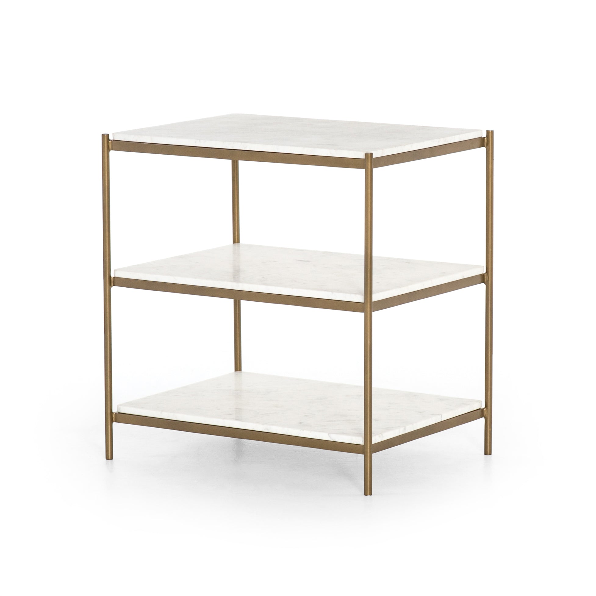 Featuring Felix Nightstand - Antique Brass by Four Hands at Amethyst Home. Add a pop of sophistication to any space. Classic white marble lays three tiers of smooth shelving for plenty of space, while antique brass-finished iron framing places a feminine spin on bedside storage.
Overall Dimensions: 25"W x 18"L x 26"H
Colors: Antique Brass, Polished White .  Amethyst Home provides interior design, new home construction design consulting, vintage area rugs, and lighting in the Washington metro area.