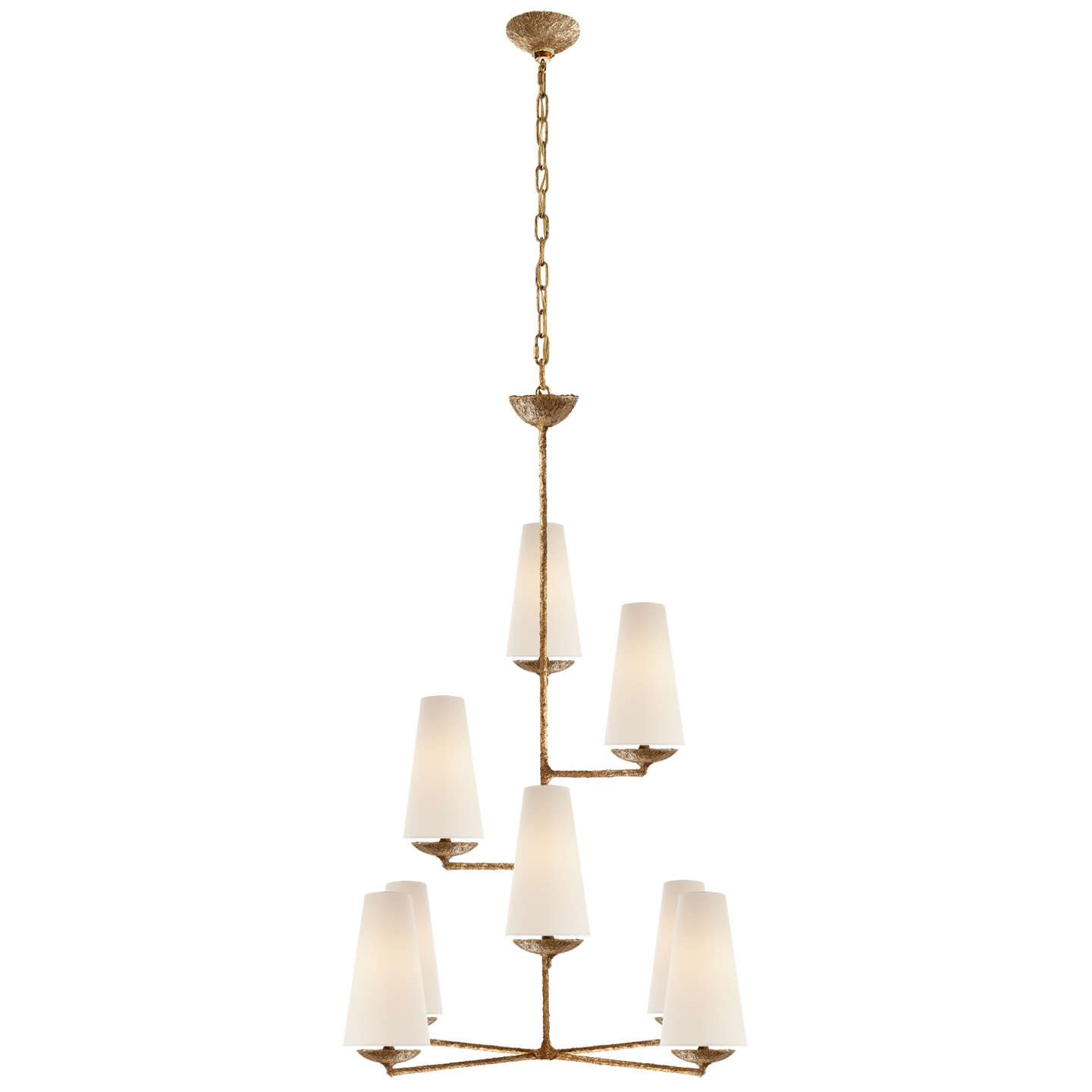 Featuring Fontaine Vertical Chandelier by Visual Comfort at Amethyst Home. We love the textured look of the Fontaine Vertical Chandelier by Visual Comfort. The layered linen shades brings a classy, warm look to any living room, dining room, or other large area. 
Overall Dimensions: 34.25" L x 34.25" W x 45.25" H
Weight: 23 lbs.  Amethyst Home provides interior design, new home construction design consulting, vintage area rugs, and lighting in the Miami metro area.