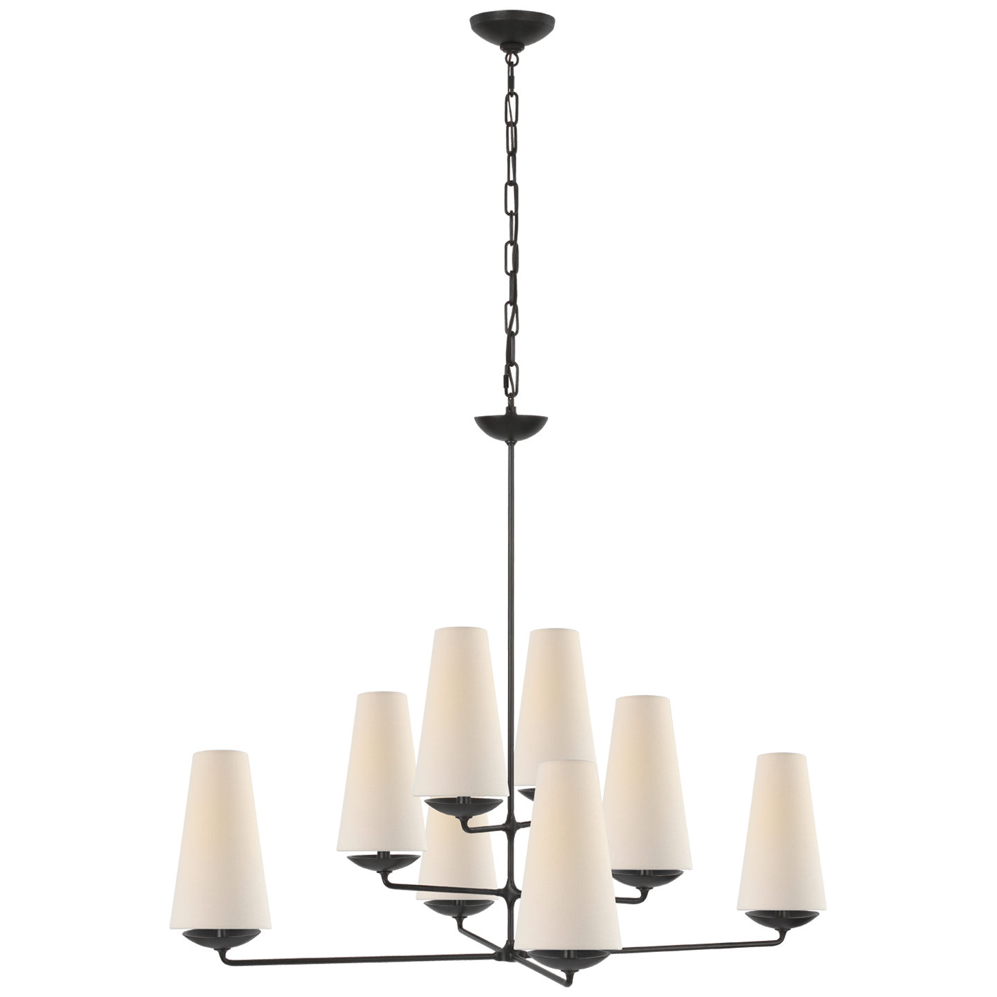 Featuring Fontaine Large Offset Chandelier by Visual Comfort at Amethyst Home. The Fontaine Large Offset Chandelier by Visual Comfort has a slim cross section at the bottom matched with offset layers of linen shades. This is a gorgeous piece to add to any dining room, living room, or other large area. 
Overall Dimensions: 39" L x 39" W x 33.5" HWeight: 37 lb.  Amethyst Home provides interior design, new home construction design consulting, vintage area rugs, and lighting in the Houston metro area.