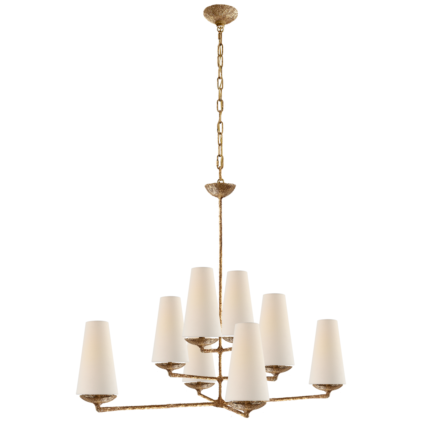 Featuring Fontaine Large Offset Chandelier by Visual Comfort at Amethyst Home. The Fontaine Large Offset Chandelier by Visual Comfort has a slim cross section at the bottom matched with offset layers of linen shades. This is a gorgeous piece to add to any dining room, living room, or other large area. 
Overall Dimensions: 39" L x 39" W x 33.5" HWeight: 37 lbs.  Amethyst Home provides interior design, new home construction design consulting, vintage area rugs, and lighting in the Austin metro area.
