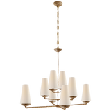 Featuring Fontaine Large Offset Chandelier by Visual Comfort at Amethyst Home. The Fontaine Large Offset Chandelier by Visual Comfort has a slim cross section at the bottom matched with offset layers of linen shades. This is a gorgeous piece to add to any dining room, living room, or other large area. 
Overall Dimensions: 39" L x 39" W x 33.5" HWeight: 37 lbs.  Amethyst Home provides interior design, new home construction design consulting, vintage area rugs, and lighting in the Austin metro area.