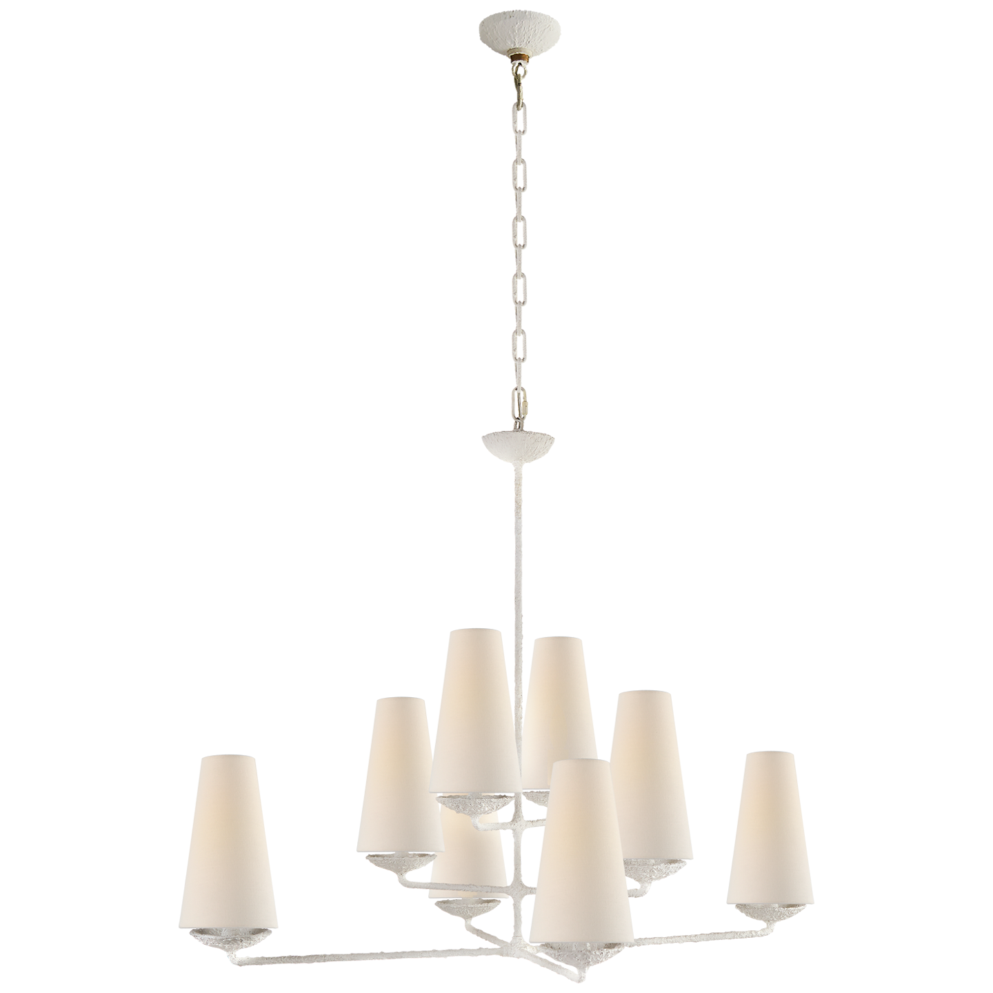 Featuring Fontaine Large Offset Chandelier by Visual Comfort at Amethyst Home. The Fontaine Large Offset Chandelier by Visual Comfort has a slim cross section at the bottom matched with offset layers of linen shades. This is a gorgeous piece to add to any dining room, living room, or other large area. 
Overall Dimensions: 39" L x 39" W x 33.5" HWeight:.  Amethyst Home provides interior design, new home construction design consulting, vintage area rugs, and lighting in the Winter Garden metro area.