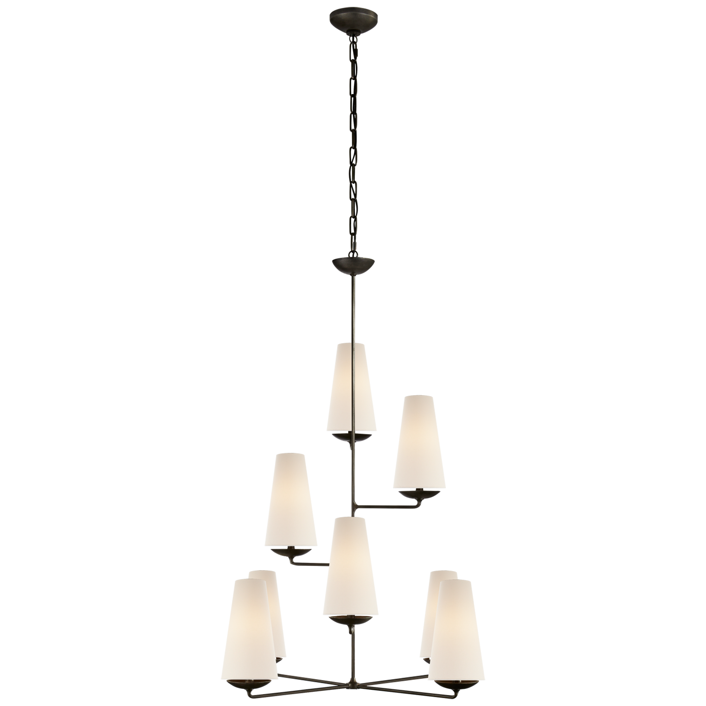 Featuring Fontaine Vertical Chandelier by Visual Comfort at Amethyst Home. We love the textured look of the Fontaine Vertical Chandelier by Visual Comfort. The layered linen shades brings a classy, warm look to any living room, dining room, or other large area. 
Overall Dimensions: 34.25" L x 34.25" W x 45.25" H
Weight: 23 lbs.  Amethyst Home provides interior design, new home construction design consulting, vintage area rugs, and lighting in the Houston metro area.