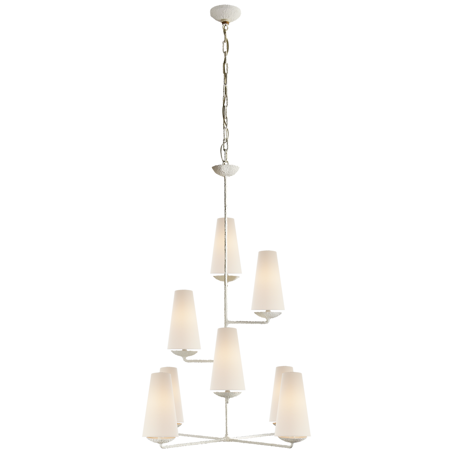 Featuring Fontaine Vertical Chandelier by Visual Comfort at Amethyst Home. We love the textured look of the Fontaine Vertical Chandelier by Visual Comfort. The layered linen shades brings a classy, warm look to any living room, dining room, or other large area. 
Overall Dimensions: 34.25" L x 34.25" W x 45.25" H
Weight: 23 lbs.  Amethyst Home provides interior design, new home construction design consulting, vintage area rugs, and lighting in the Park City metro area.
