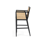 Featuring Antonia Cane Brushed Ebony Bar Stool by Four Hands at Amethyst Home. We love the retro look the cane brings to this Antonia Brushed Ebony Cane Bar Stool. A stunning piece to complete a retro aesthetic in any kitchen or bar area. 
Size: 22"W x 22.50"L x 43"HArm Height from Floor: 37.40" Arm Height from Seat: 6.10" Arm Length: 18.90" Arm Width:.  Amethyst Home provides interior design, new home construction design consulting, vintage area rugs, and lighting in the Newport Beach metro area.