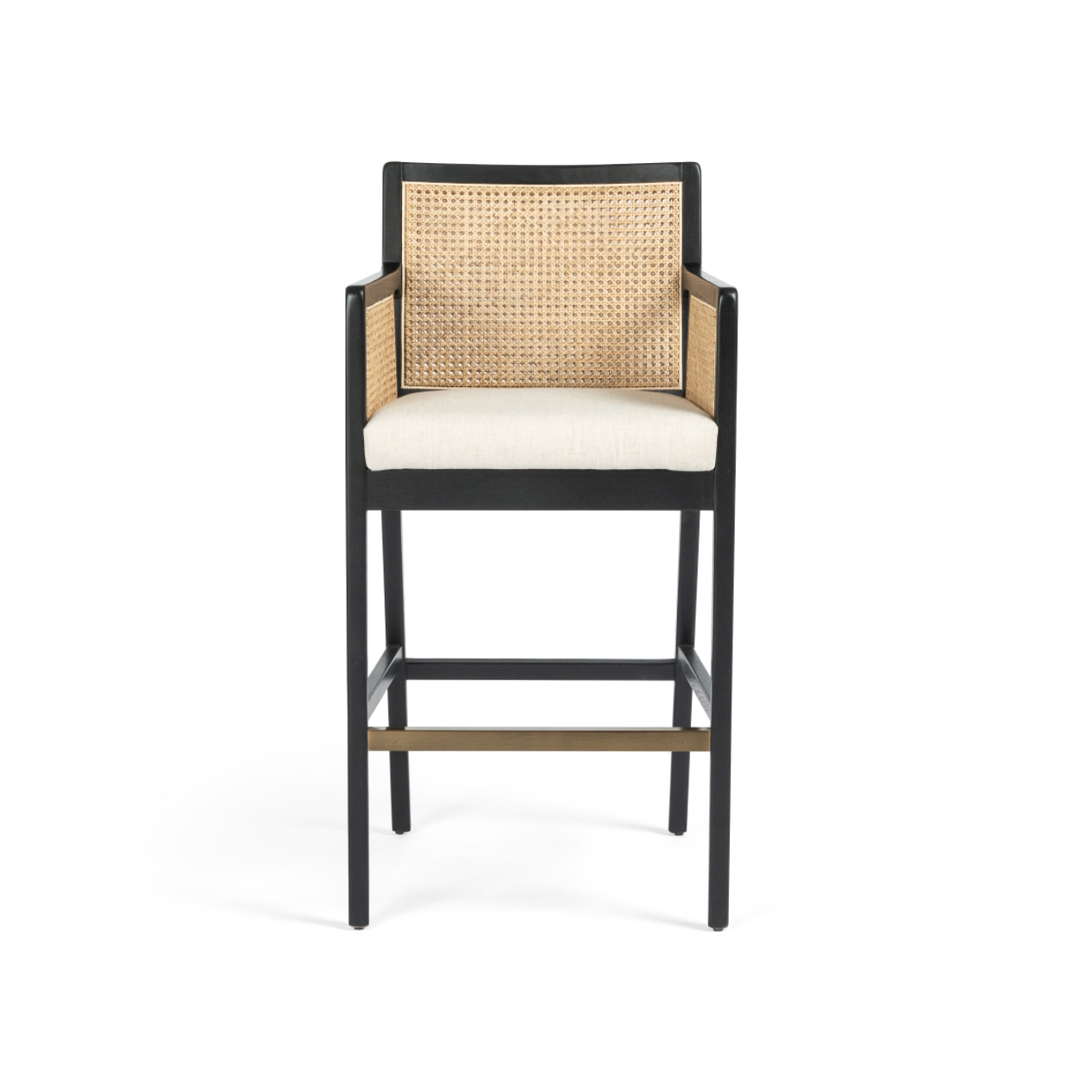 Featuring Antonia Cane Brushed Ebony Bar Stool by Four Hands at Amethyst Home. We love the retro look the cane brings to this Antonia Brushed Ebony Cane Bar Stool. A stunning piece to complete a retro aesthetic in any kitchen or bar area. 
Size: 22"W x 22.50"L x 43"HArm Height from Floor: 37.40" Arm Height from Seat: 6.10" Arm Length: 18.90" Arm Width.  Amethyst Home provides interior design, new home construction design consulting, vintage area rugs, and lighting in the Salt Lake City metro area.