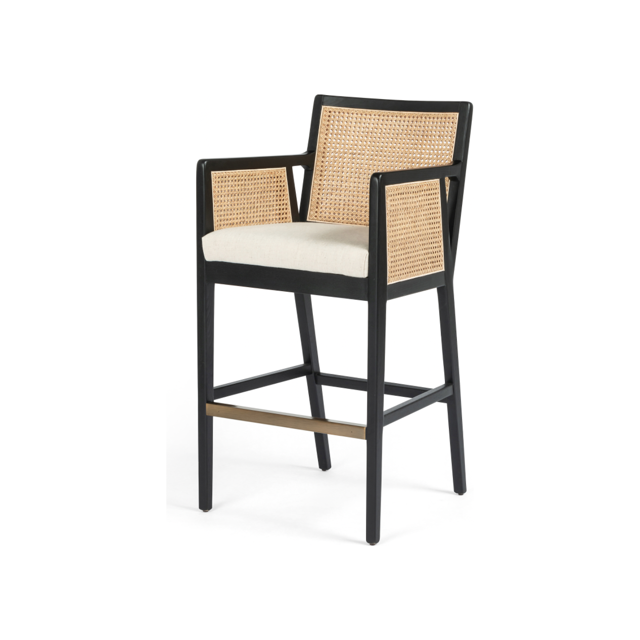 Featuring Antonia Cane Brushed Ebony Bar Stool by Four Hands at Amethyst Home. We love the retro look the cane brings to this Antonia Brushed Ebony Cane Bar Stool. A stunning piece to complete a retro aesthetic in any kitchen or bar area. 
Size: 22"W x 22.50"L x 43"HArm Height from Floor: 37.40" Arm Height from Seat: 6.10" Arm Length: 18.90" Arm Width: 1.10" .  Amethyst Home provides interior design, new home construction design consulting, vintage area rugs, and lighting in the Austin metro area.