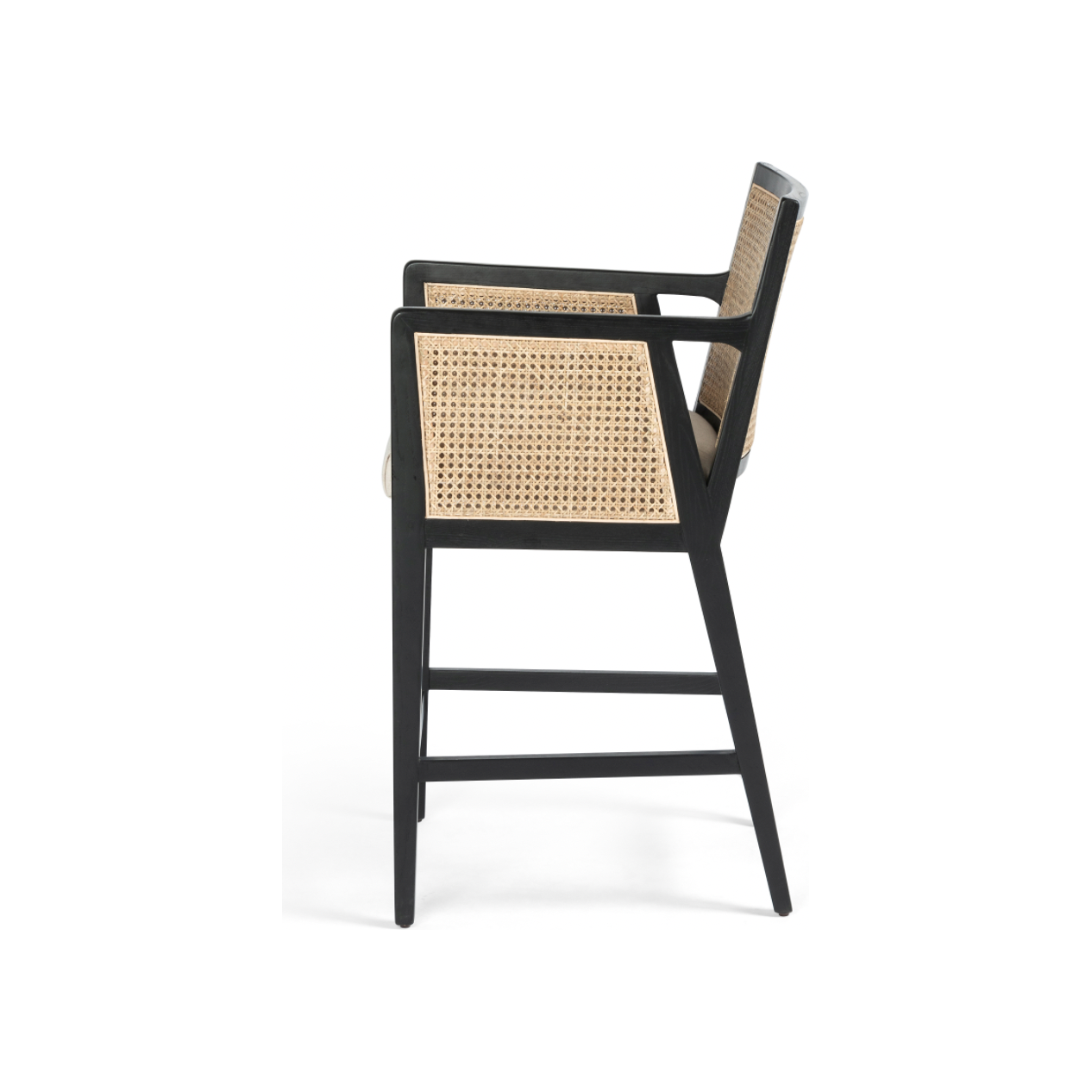 Featuring Antonia Cane Brushed Ebony Bar Stool by Four Hands at Amethyst Home. We love the retro look the cane brings to this Antonia Brushed Ebony Cane Bar Stool. A stunning piece to complete a retro aesthetic in any kitchen or bar area. 
Size: 22"W x 22.50"L x 43"HArm Height from Floor: 37.40" Arm Height from Seat: 6.10" Arm Length: 18.90" Arm Width: 1..  Amethyst Home provides interior design, new home construction design consulting, vintage area rugs, and lighting in the Scottsdale metro area.