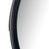 Featuring Des Mirror by Four Hands at Amethyst Home. The Des Mirror is hung by a handsome, toffee-colored top grain leather strap. We love the fresh take on what would otherwise be a traditional, round mirror. The mirror is framed in black-washed popular and would like amazing hung in an entryway, bedroom, or other space. 
Overall Dimensions: 30"W x 1.50"L x .  Amethyst Home provides interior design, new home construction design consulting, vintage area rugs, and lighting in the Boston metro area.