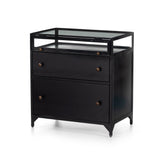 Featuring Shadow Box Nightstand by Four Hands at Amethyst Home. This Shadow Box Nightstand is finished in a gorgeous matte black. We love that the glass top allows you to showcase your favorite jewelry or family keepsake, while the two spacious drawers give you storage space. The knobs are finished in bronze to give this piece a sleek contrast. 
Overa.  Amethyst Home provides interior design, new home construction design consulting, vintage area rugs, and lighting in the Salt Lake City metro area.