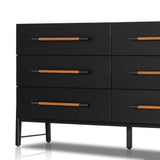 Featuring Rosedale Ebony Oak 6 Drawer Dresser by Four Hands at Amethyst Home. The ebony oak of this Rosedale 6 Drawer Dresser brings a moody, darkness to any room. With six spacious drawers and iron hardware wrapped in a gorgeous, tan leather, this is a functional and beautiful piece to add to your bedroom or other area. 
Overall Dimensions: 62.50"W x 19.5. Amethyst Home provides interior design, new home construction design consulting, vintage area rugs, and lighting in the Alpharetta metro area.