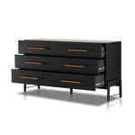 Featuring Rosedale Ebony Oak 6 Drawer Dresser by Four Hands at Amethyst Home. The ebony oak of this Rosedale 6 Drawer Dresser brings a moody, darkness to any room. With six spacious drawers and iron hardware wrapped in a gorgeous, tan leather, this is a functional and beautiful piece to add to your bedroom or other area. 
Overall Dimensions: 62.50"W x 19.50"L x. Amethyst Home provides interior design, new home construction design consulting, vintage area rugs, and lighting in the Miami metro area.