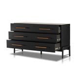 Featuring Rosedale Ebony Oak 6 Drawer Dresser by Four Hands at Amethyst Home. The ebony oak of this Rosedale 6 Drawer Dresser brings a moody, darkness to any room. With six spacious drawers and iron hardware wrapped in a gorgeous, tan leather, this is a functional and beautiful piece to add to your bedroom or other area. 
Overall Dimensions: 62.50"W x 19.50"L x. Amethyst Home provides interior design, new home construction design consulting, vintage area rugs, and lighting in the Miami metro area.