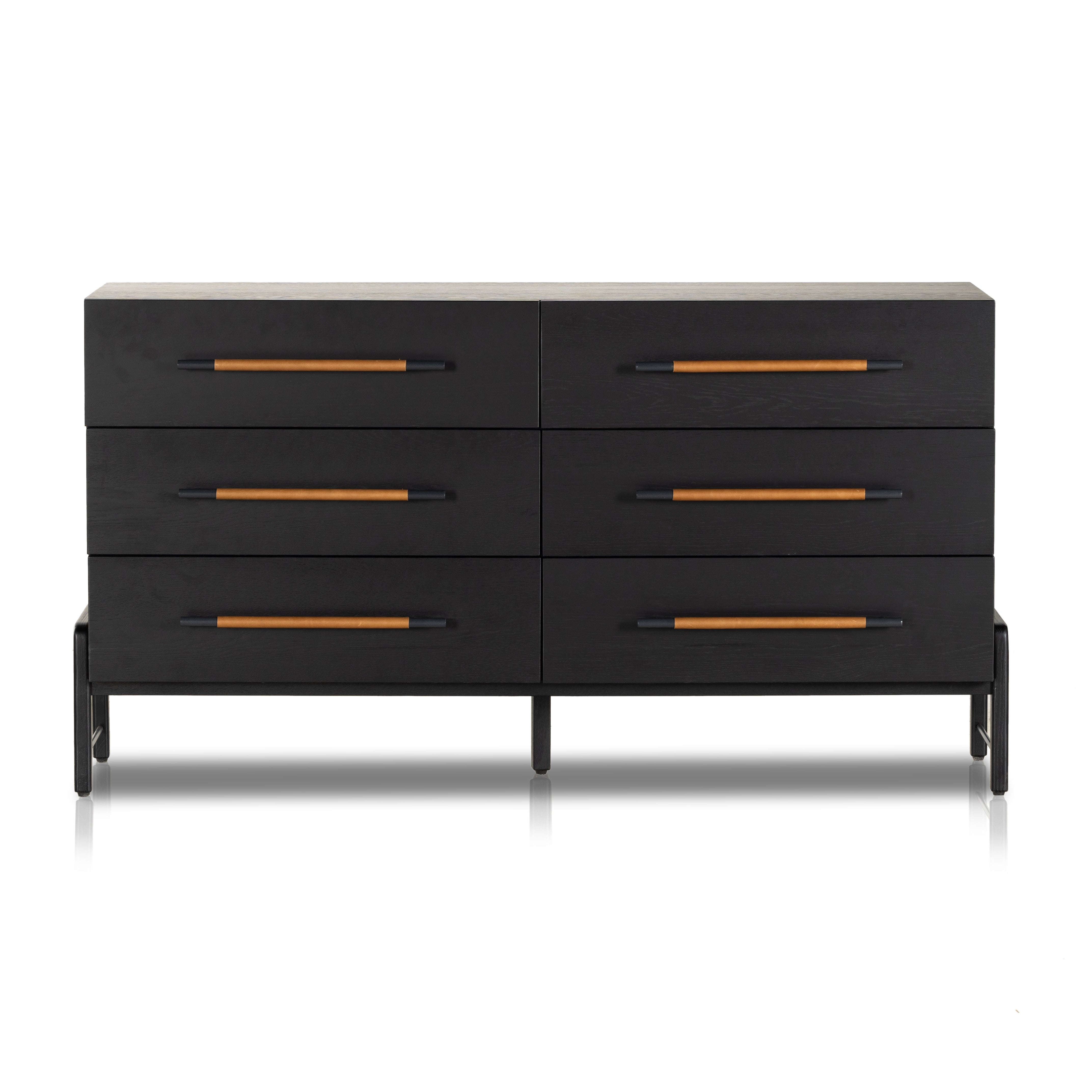 Featuring Rosedale Ebony Oak 6 Drawer Dresser by Four Hands at Amethyst Home. The ebony oak of this Rosedale 6 Drawer Dresser brings a moody, darkness to any room. With six spacious drawers and iron hardware wrapped in a gorgeous, tan leather, this is a functional and beautiful piece to add to your bedroom or other area. 
Overall Dimensions: 62.50"W x 1. Amethyst Home provides interior design, new home construction design consulting, vintage area rugs, and lighting in the Newport Beach metro area.