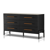 Featuring Rosedale Ebony Oak 6 Drawer Dresser by Four Hands at Amethyst Home. The ebony oak of this Rosedale 6 Drawer Dresser brings a moody, darkness to any room. With six spacious drawers and iron hardware wrapped in a gorgeous, tan leather, this is a functional and beautiful piece to add to your bedroom or other area. 
Overall Dimensions: 62.50"W x 19.5. Amethyst Home provides interior design, new home construction design consulting, vintage area rugs, and lighting in the Scottsdale metro area.
