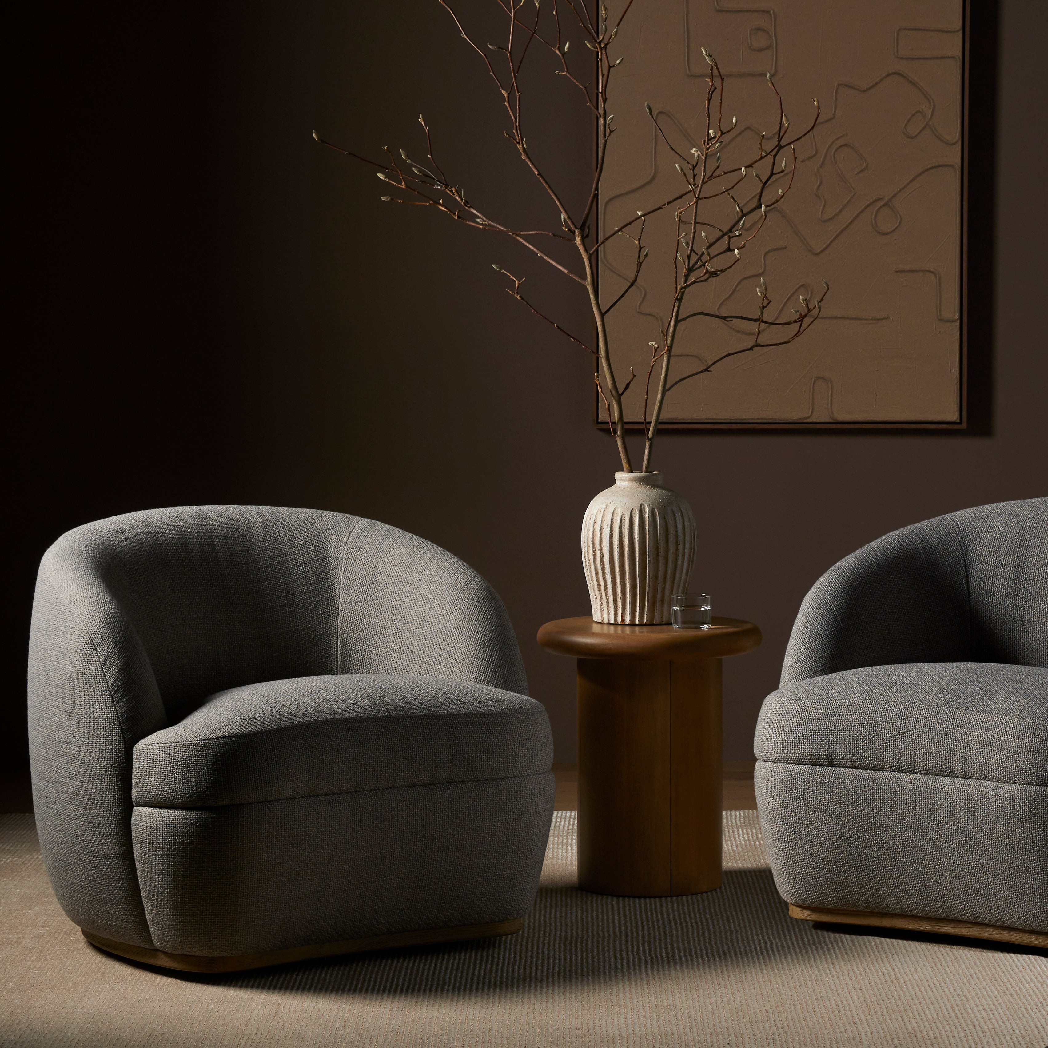 Featuring Sandie Swivel Chair - Gibson Silver by Four Hands at Amethyst Home. Textural grey performance fabric brings a design-forward feel to barrel seating atop a 360-degree swivel base of solid oak. Performance fabrics are specially created to withstand spills, stains, high traffic and wear, ensuring long-term comfort and unmatched durability.
Overal. Amethyst Home provides interior design, new home construction design consulting, vintage area rugs, and lighting in the Winter Garden metro area.