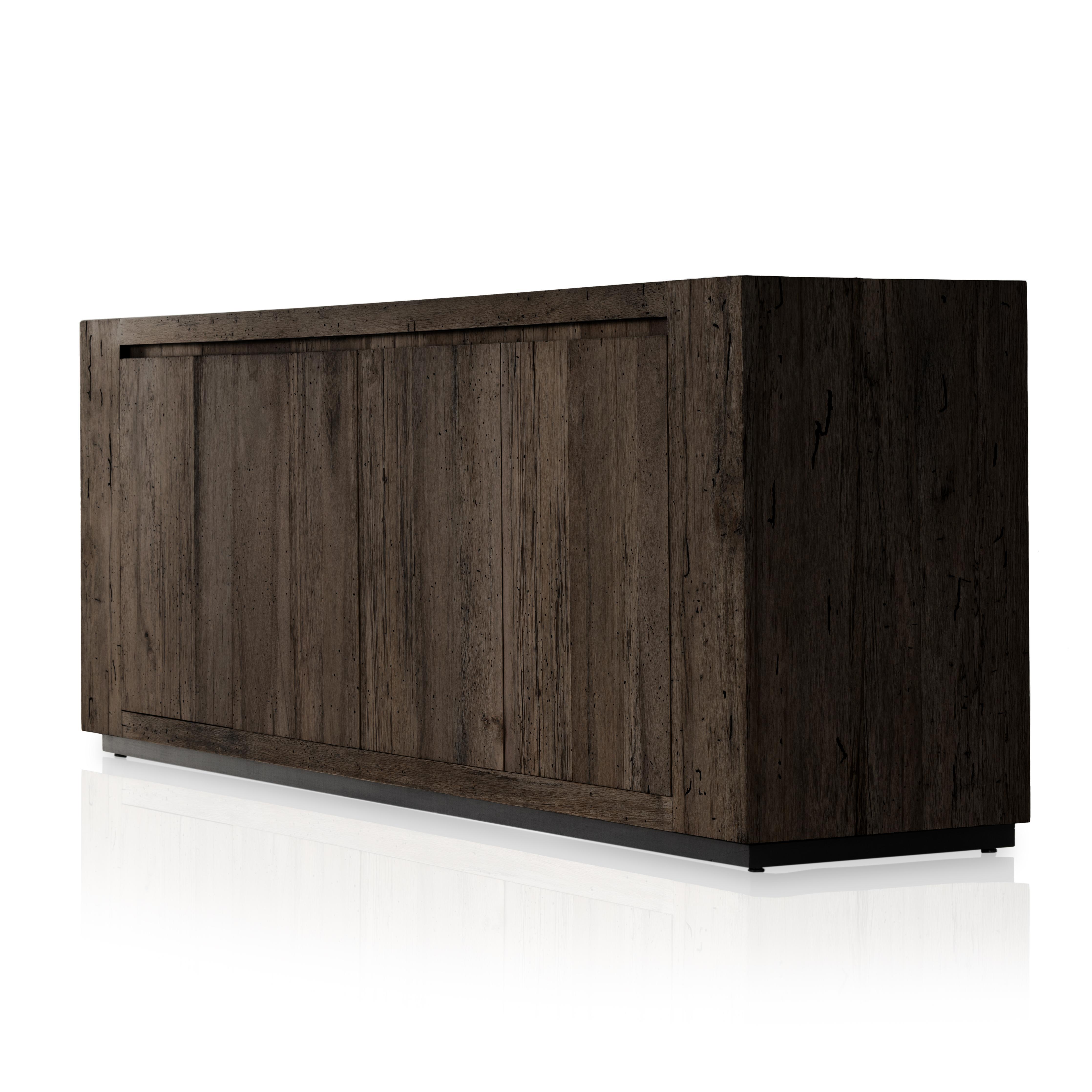 Featuring Abaso Ebony Rustic Wormwood Oak Sideboard by Four Hands at Amethyst Home. Made from thick-cut oak veneer with a faux rustic finish made to emulate wormwood, this low, large-scale sideboard features chunky squared legs and dovetail joinery detailing.Overall Dimensions: 94.50"W x 19.75"L x 33.25"HColors: Black Mdf, Rustic Wormwood Oak, Black Plywood. Amethyst Home provides interior design, new home construction design consulting, vintage area rugs, and lighting in the Charlotte metro area.