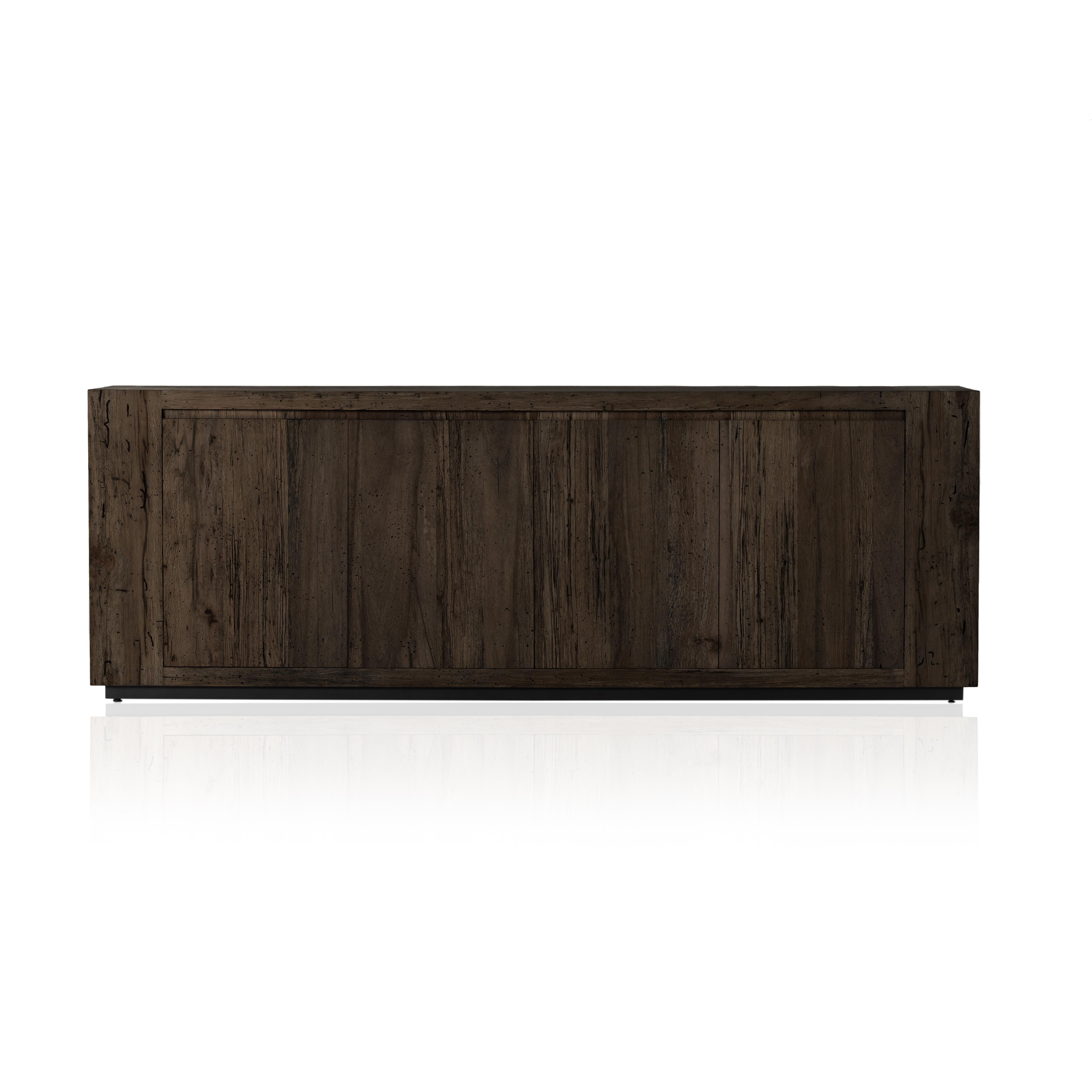 Featuring Abaso Ebony Rustic Wormwood Oak Sideboard by Four Hands at Amethyst Home. Made from thick-cut oak veneer with a faux rustic finish made to emulate wormwood, this low, large-scale sideboard features chunky squared legs and dovetail joinery detailing.Overall Dimensions: 94.50"W x 19.75"L x 33.25"HColors: Black Mdf, Rustic Wormwood Oak, Black PlywoodMat. Amethyst Home provides interior design, new home construction design consulting, vintage area rugs, and lighting in the Dallas metro area.