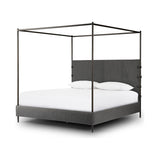 Featuring Anderson Knoll Charcoal-King Canopy Bed by Four Hands at Amethyst Home. Bring texture into play. This iron canopy bed features a headboard upholstered in a classic boucle fabric with decorative leather straps for a material-driven contrast. Standard box spring required. This bed is not compatible with an adjustable mattress.Overall Dimensions: 85. Amethyst Home provides interior design, new home construction design consulting, vintage area rugs, and lighting in the Alpharetta metro area.
