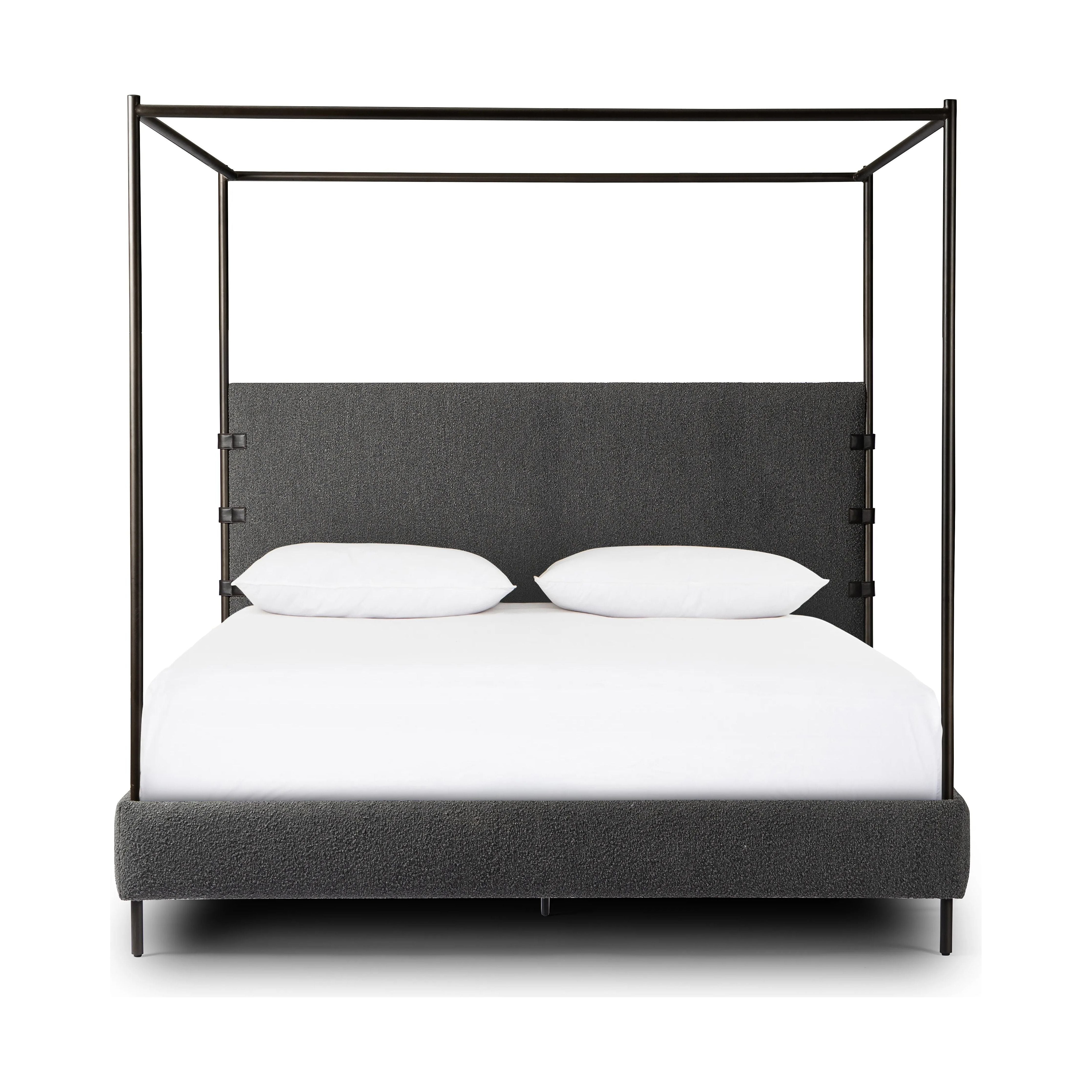 Featuring Anderson Knoll Charcoal-King Canopy Bed by Four Hands at Amethyst Home. Bring texture into play. This iron canopy bed features a headboard upholstered in a classic boucle fabric with decorative leather straps for a material-driven contrast. Standard box spring required. This bed is not compatible with an adjustable mattress.Overall Dimensions: 85"W x. Amethyst Home provides interior design, new home construction design consulting, vintage area rugs, and lighting in the Dallas metro area.