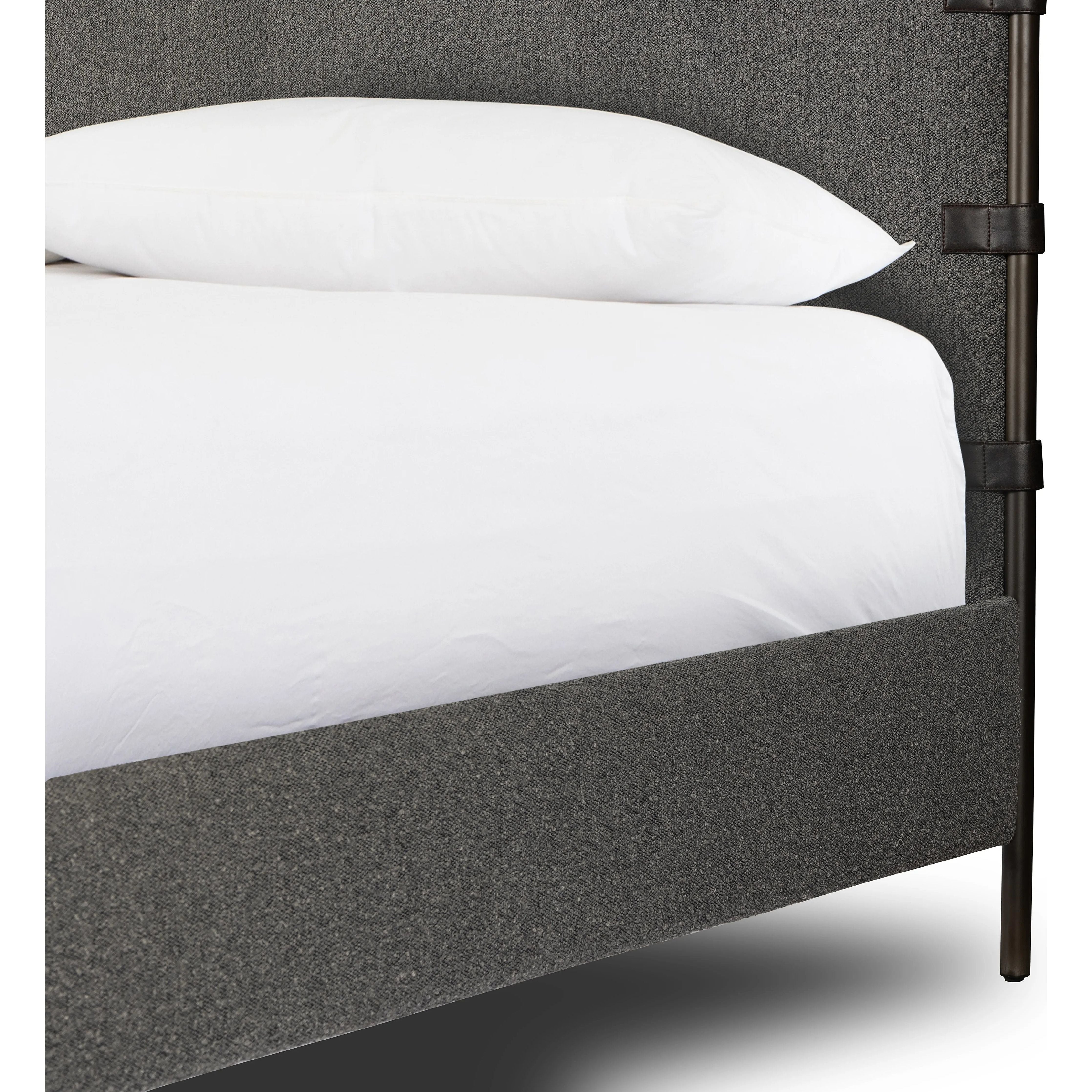 Featuring Anderson Knoll Charcoal-King Canopy Bed by Four Hands at Amethyst Home. Bring texture into play. This iron canopy bed features a headboard upholstered in a classic boucle fabric with decorative leather straps for a material-driven contrast. Standard box spring required. This bed is not compatible with an adjustable mattress.Overall Dimensions: 85. Amethyst Home provides interior design, new home construction design consulting, vintage area rugs, and lighting in the Scottsdale metro area.