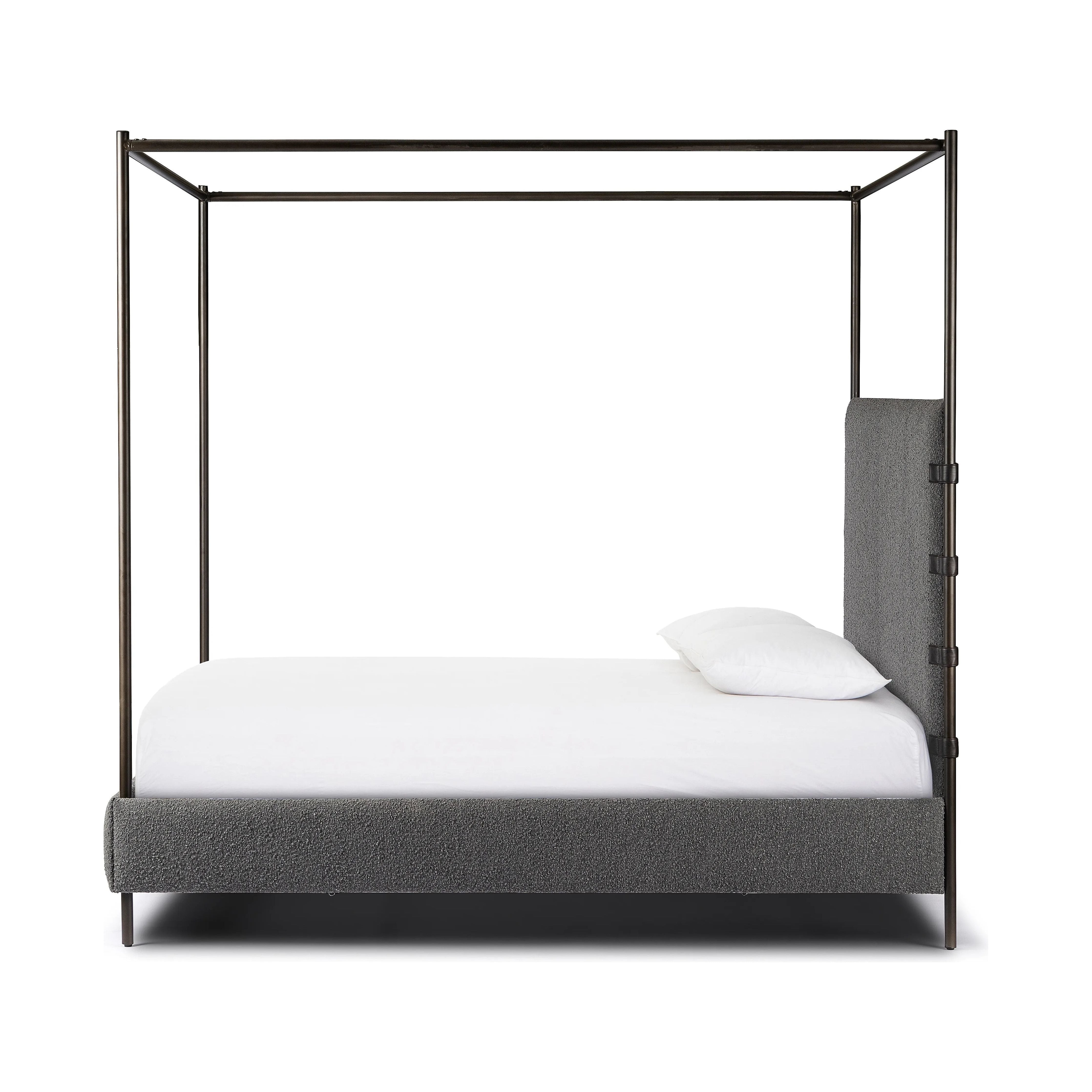 Featuring Anderson Knoll Charcoal-King Canopy Bed by Four Hands at Amethyst Home. Bring texture into play. This iron canopy bed features a headboard upholstered in a classic boucle fabric with decorative leather straps for a material-driven contrast. Standard box spring required. This bed is not compatible with an adjustable mattress.Overall Dimensions:. Amethyst Home provides interior design, new home construction design consulting, vintage area rugs, and lighting in the Winter Garden metro area.