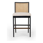 Featuring Antonia  Armless Dining Stool Stool by Four Hands at Amethyst Home. Light-toasted parawood frames a textural inlay of natural cane for a clean, monochromatic look, with seating of performance fabric for smart sensibility. Perfectly sized for the counter, with a brass kick plate for comfort and contrast. Performance fabrics are specially created to withstand spills, st. Amethyst Home provides interior design, new construction, custom furniture, and area rugs in the Los Angeles metro area.