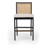 Featuring Antonia  Armless Dining Stool Stool by Four Hands at Amethyst Home. Light-toasted parawood frames a textural inlay of natural cane for a clean, monochromatic look, with seating of performance fabric for smart sensibility. Perfectly sized for the counter, with a brass kick plate for comfort and contrast. Performance fabrics are specially created to withstand spills, st. Amethyst Home provides interior design, new construction, custom furniture, and area rugs in the Los Angeles metro area.