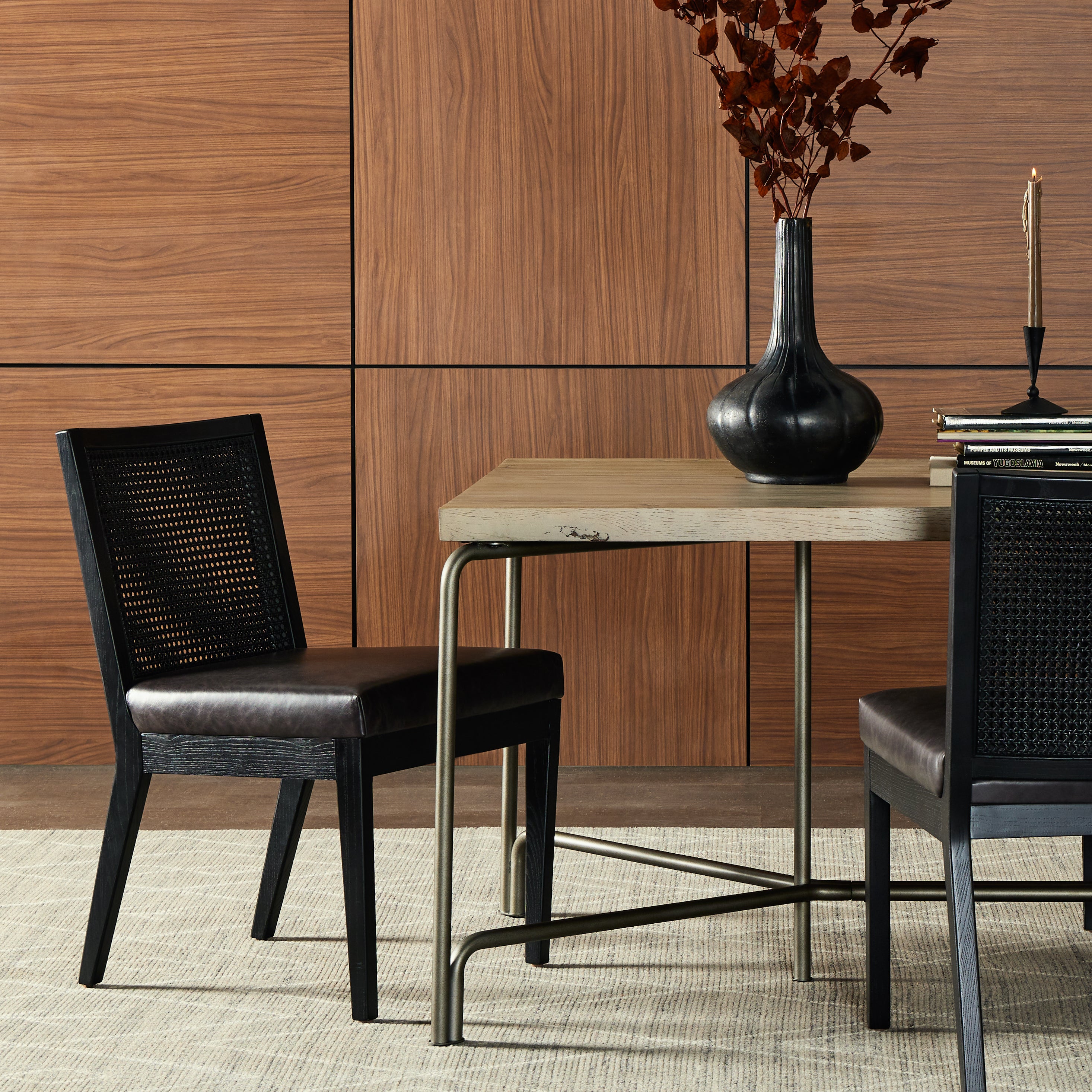 Featuring Antonia Black Armless Dining Chair by Four Hands at Amethyst Home. Mixed materials refresh a retro style. Brushed ebony cane frames top-grain leather seating with slight distressing, bringing more character to the seat.
Collection: KestonColors: Brushed Ebony Cane ,Brushed Ebony ,Sonoma BlackMaterials: Cane ,Solid Nettlewood ,Top Grain LeatherOverall Dimensions: 22.25"W x 2. Amethyst Home provides interior design, new construction, custom furniture, and area rugs in the Tampa metro area.