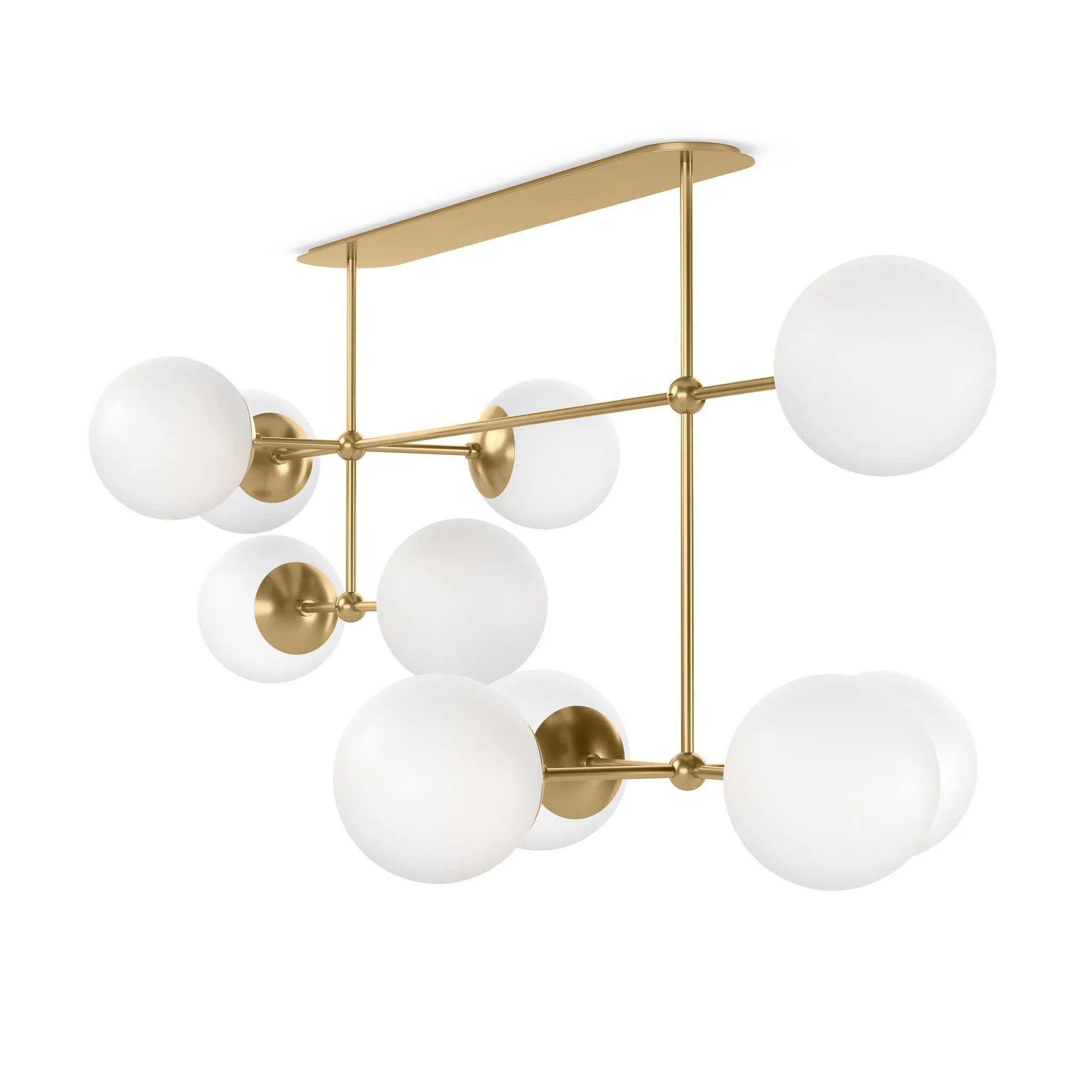 Featuring Armstrong Burnished Brass Opal Matte Glass Linear Chandelier by Four Hands at Amethyst Home. Matte glass spheres seem to extend and reach across smooth brass rods. Each globe is individually blown, shaped and sculpted by hand through a one-hour process. Matte globes are specially manufactured to evenly diffuse light. Brass and glass are 98% recyclabl. Amethyst Home provides interior design, new home construction design consulting, vintage area rugs, and lighting in the Austin metro area.