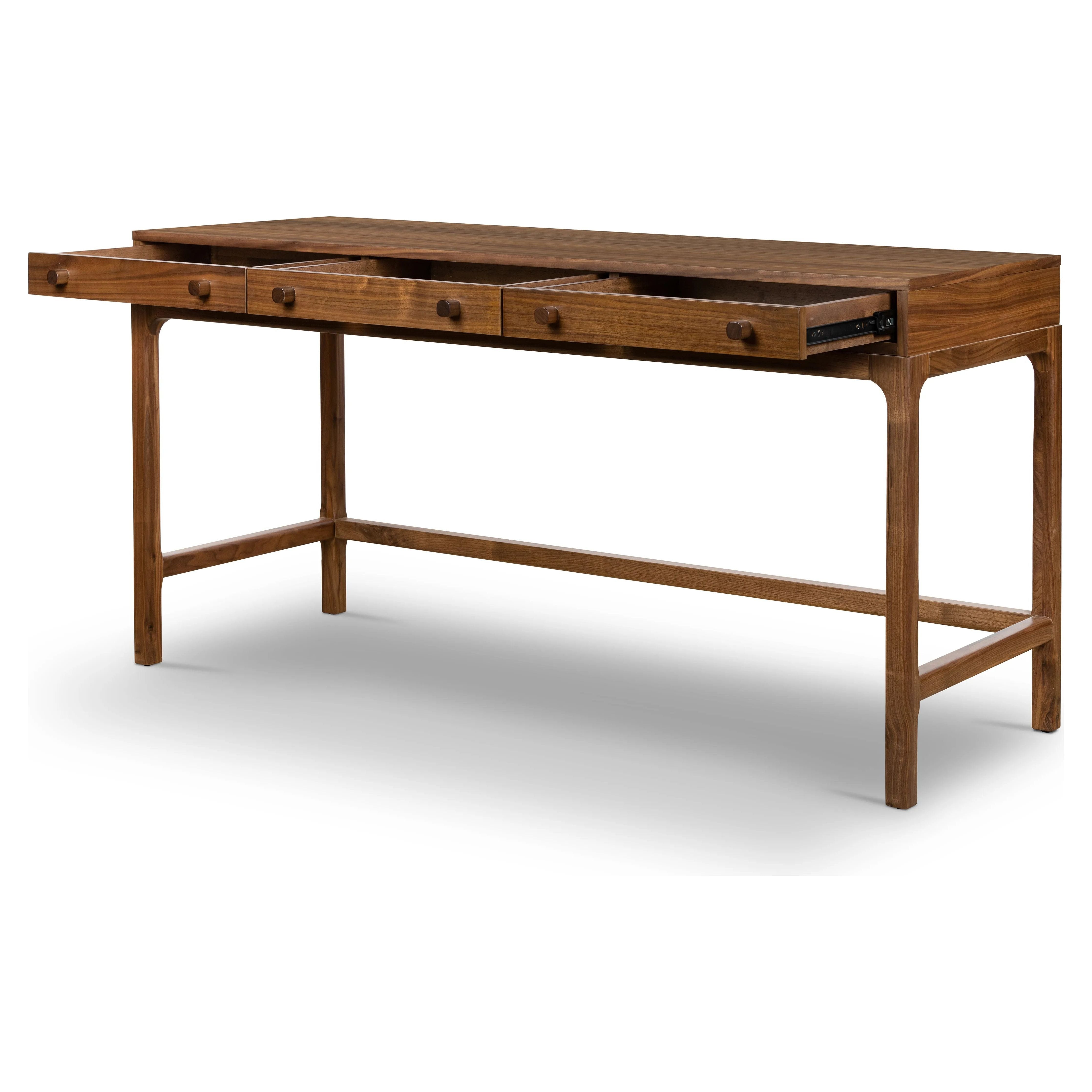 Featuring Arturo Natural Walnut Desk by Four Hands at Amethyst Home. Made from solid walnut in a classic natural finish, a slim-profile desk features three drawers to keep frequently used items on hand.Overall Dimensions: 59.75"W x 22.25"L x 31"H
Collection: WallisColors: Natural WalnutMaterials: Solid Walnut Dimentions: 22.25 in x 59.75 in x 31.0 in We. Amethyst Home provides interior design, new home construction design consulting, vintage area rugs, and lighting in the Winter Garden metro area.