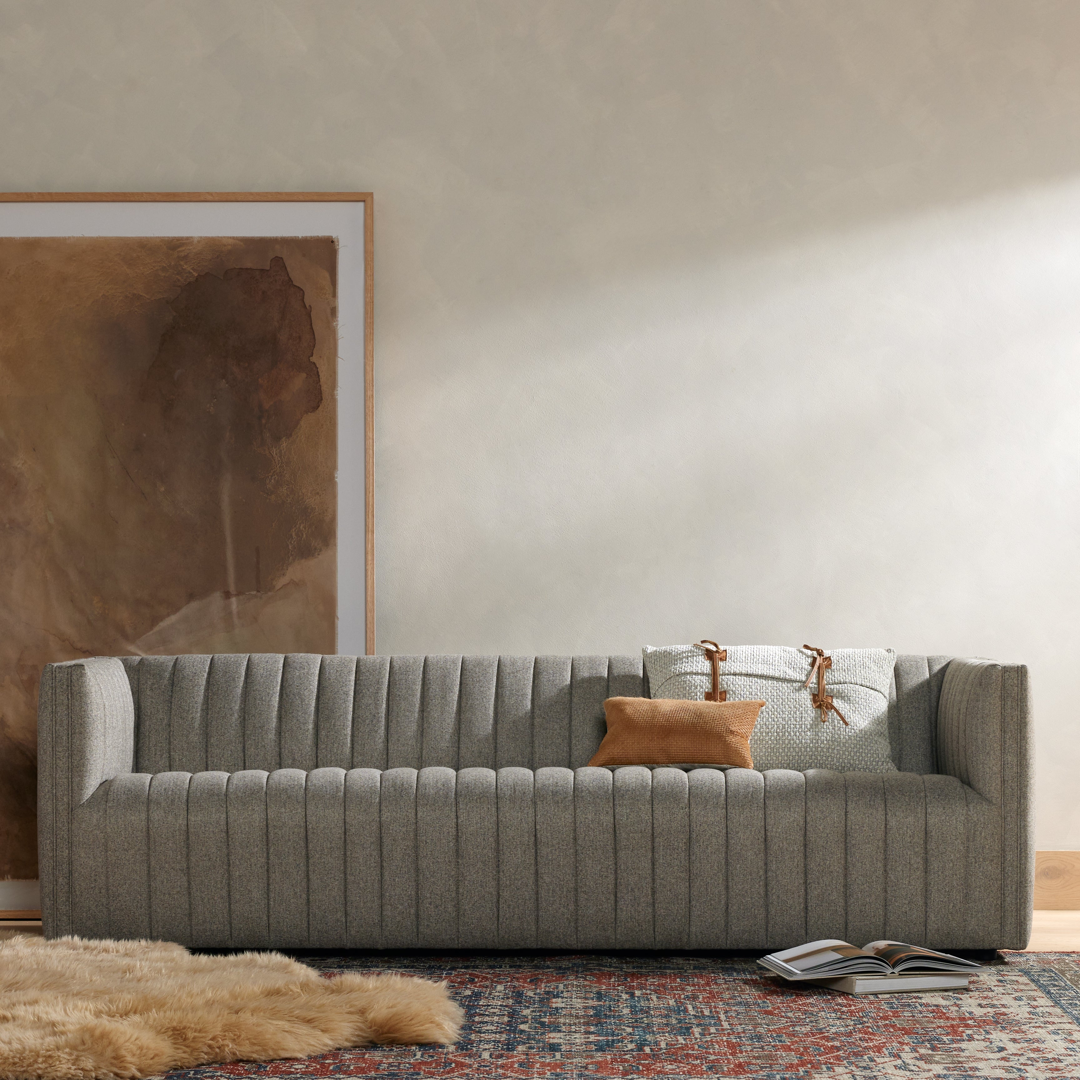 Featuring Augustine Orly Natural Sofa by Four Hands at Amethyst Home. A dramatically channeled sofa with textural grey upholstery offers a clean look inspired by modern menswear.Overall Dimensions: 88"W x 35"L x 26.50"H
Collection: GraysonColors: Orly NaturalMaterials: 100% Polyester Weight: 105.8 lbsSeat Depth: 24"Seat Height: 17"Arm Height from Floor: 26.50"Arm Height from Seat: 10. Amethyst Home provides interior design, new construction, custom furniture, and area rugs in the Omaha metro area.
